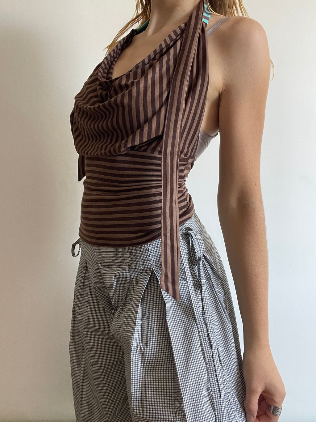 handmade brown stripe halterneck/ cowl neck with adjustable neck tie