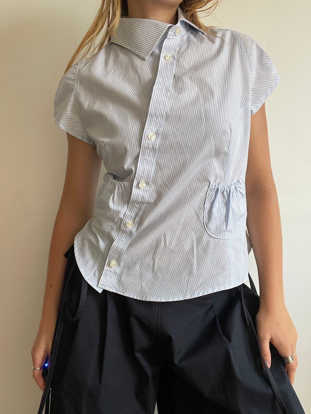 reworked asymetrical baby blue pinstripe pocket collar shirt
