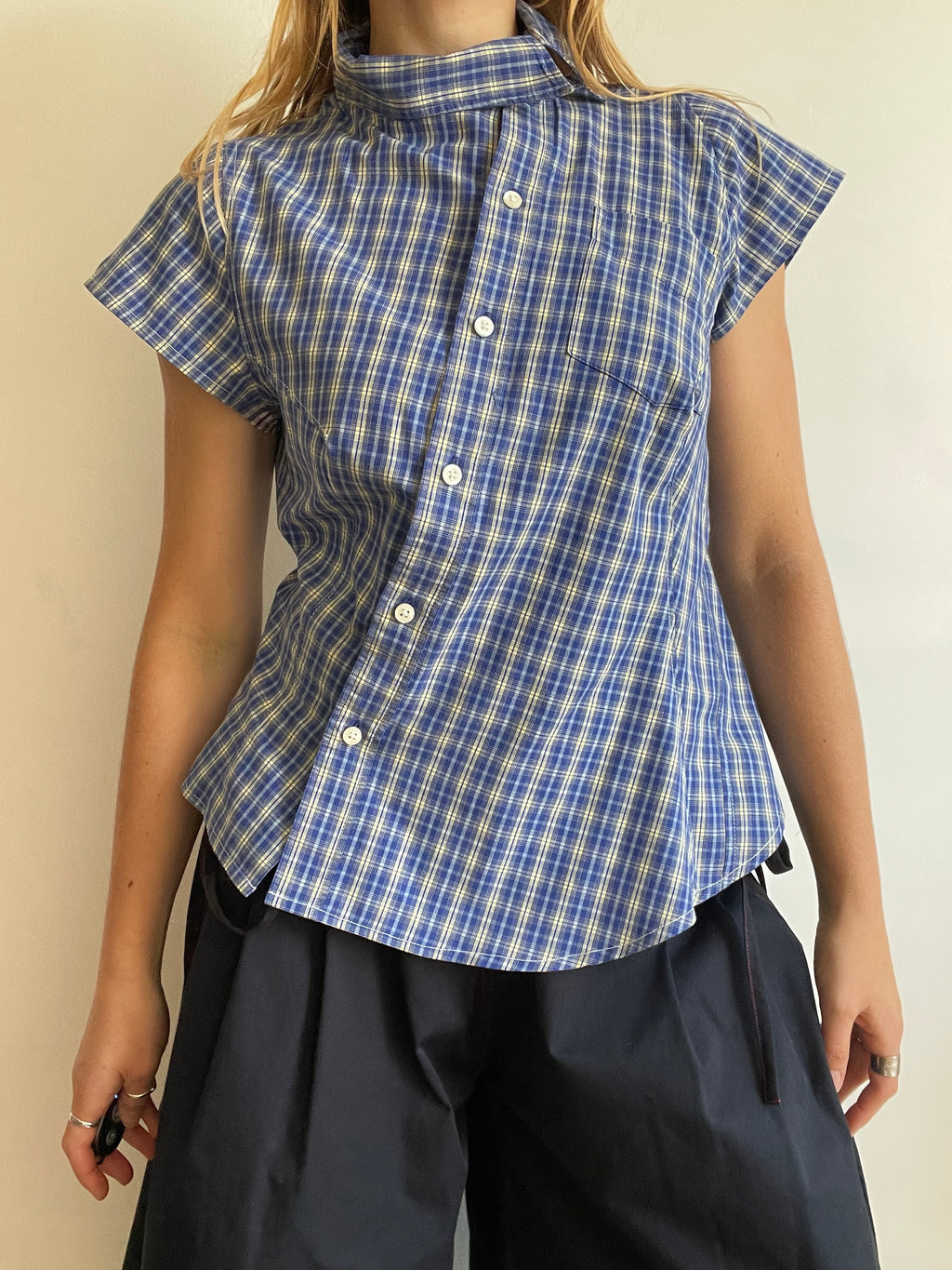 reworked blue yellow tartan asymetrical fitted shirt