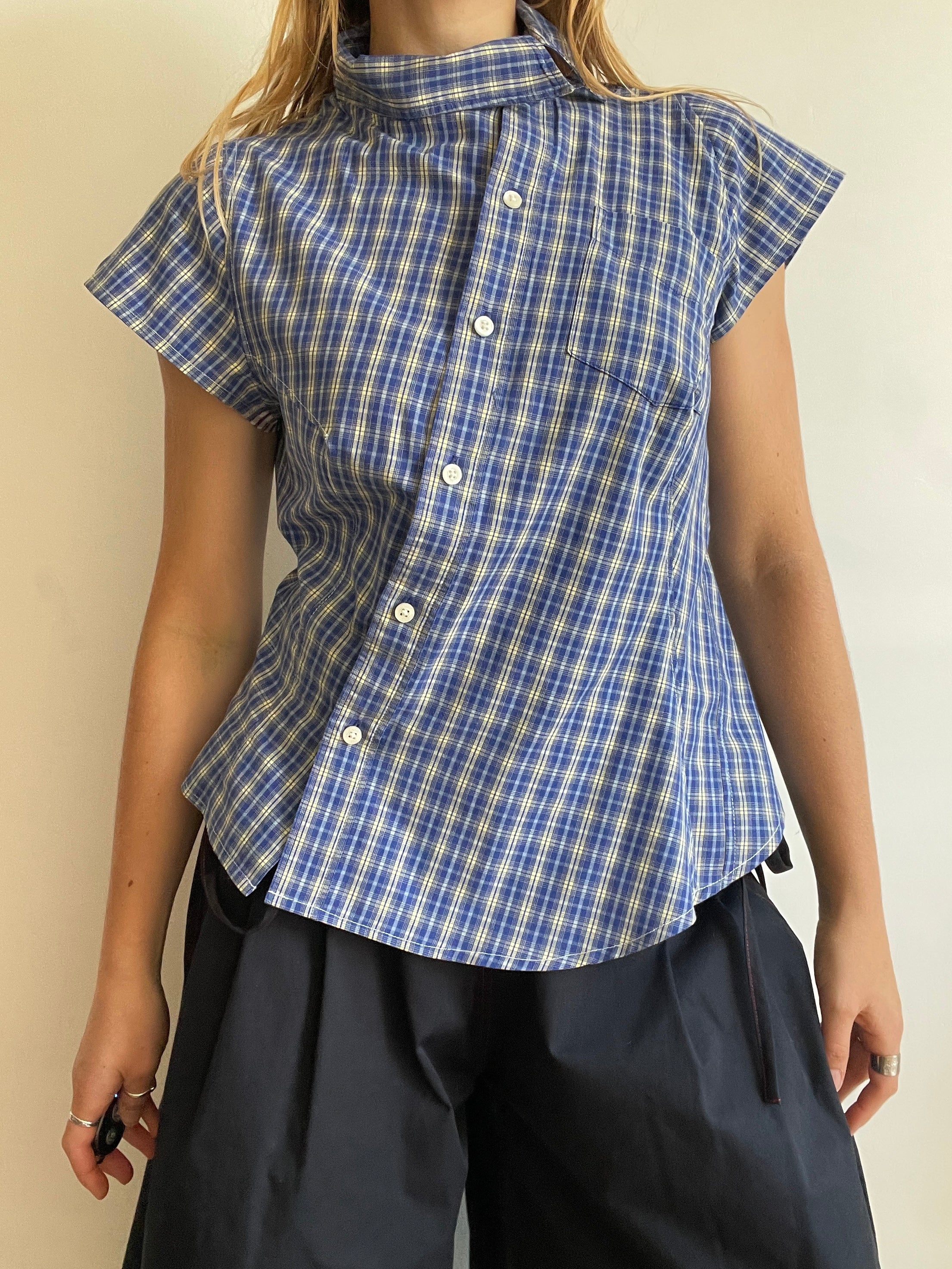 reworked blue yellow tartan asymetrical fitted shirt