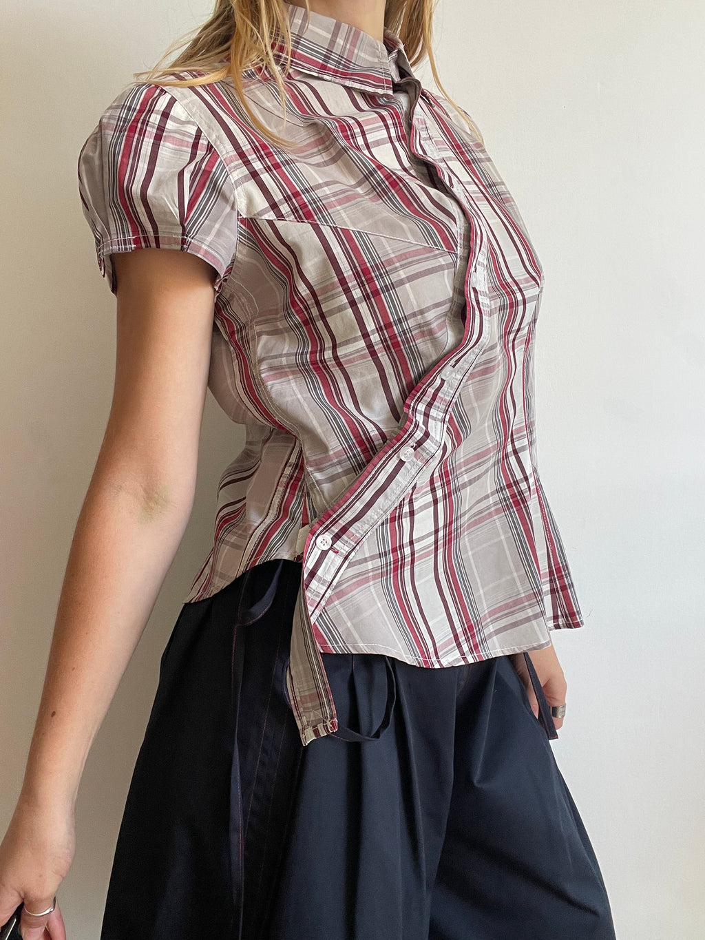reworked asymetrical red beige checkered shirt