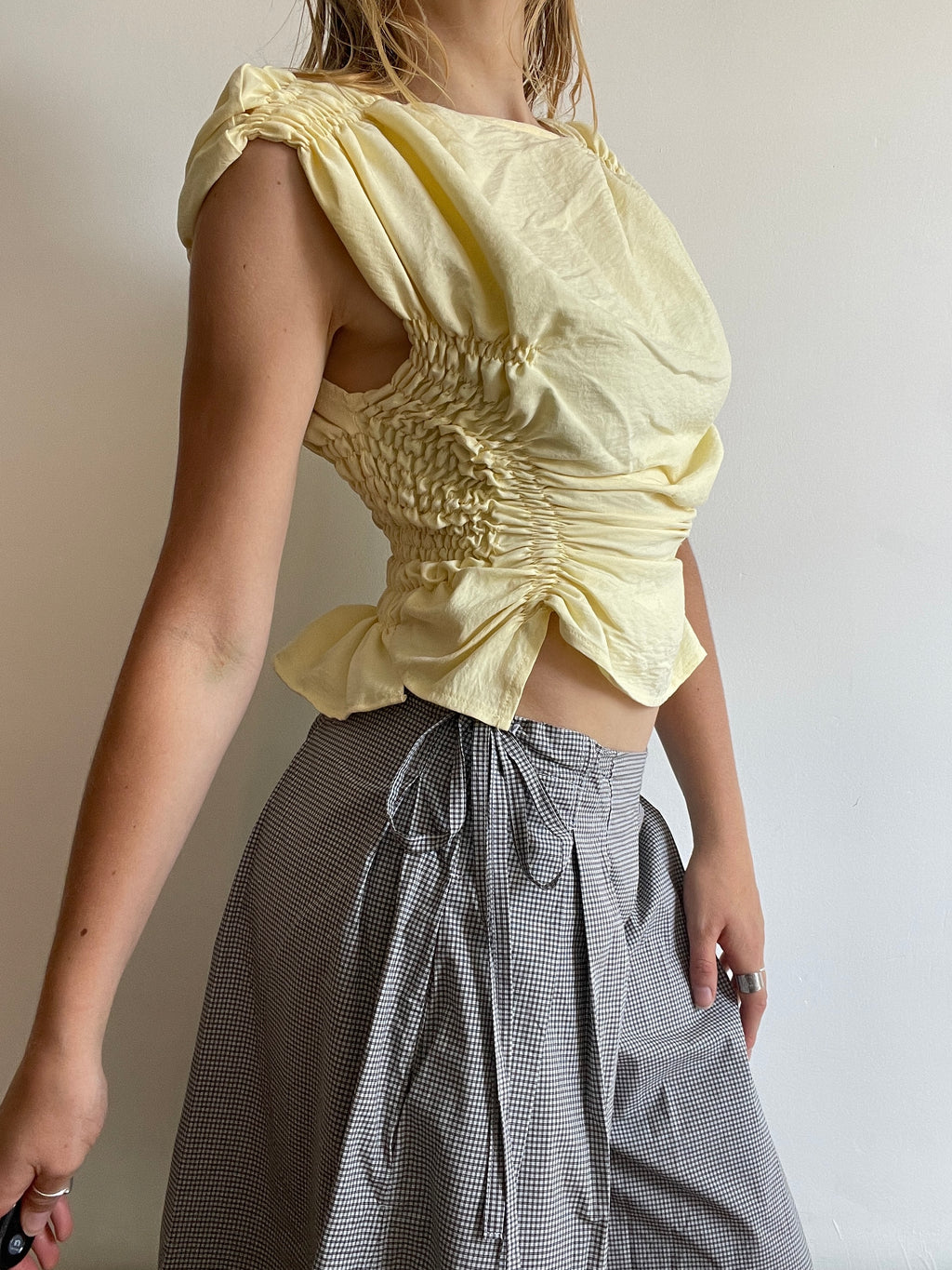 reworked ruched butter yellow slinky bubble top