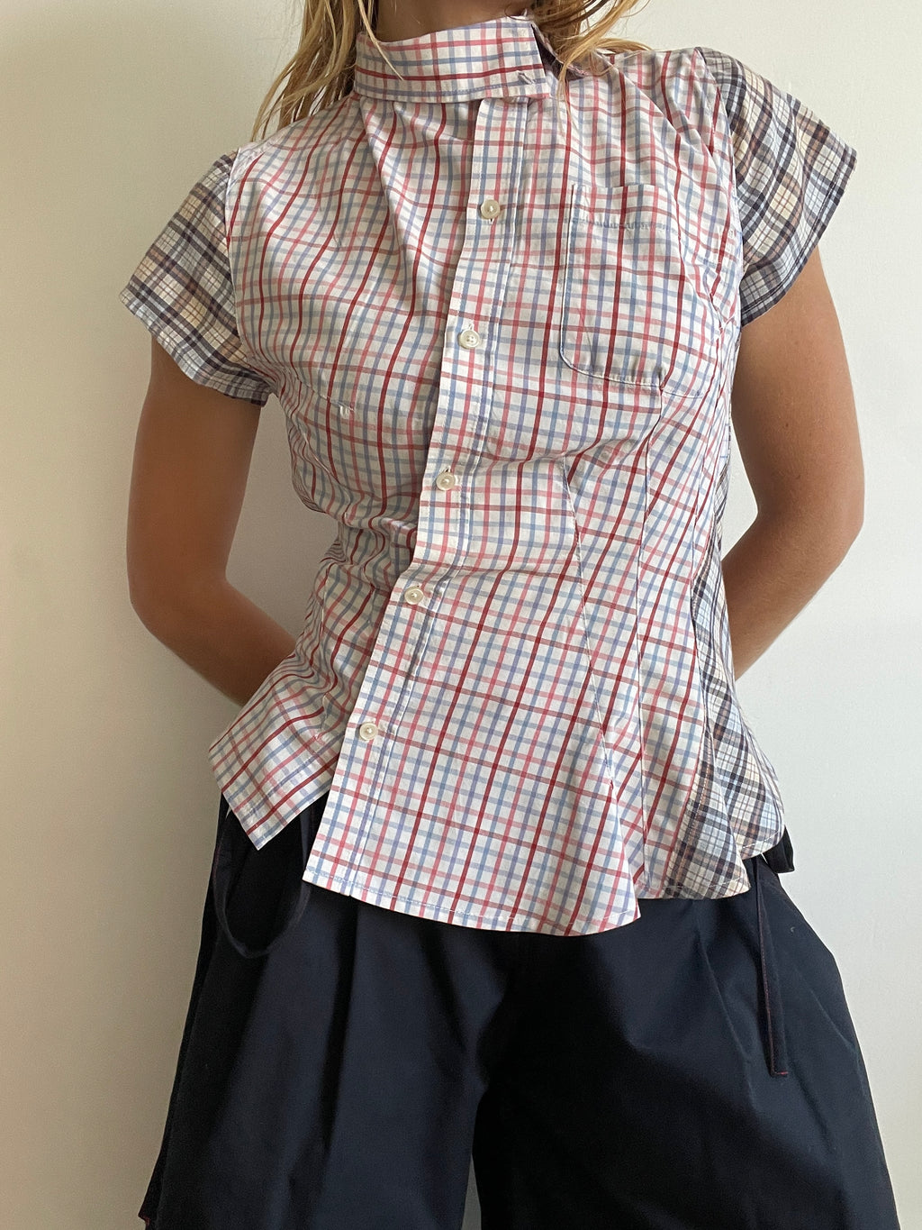 reworked patchwork check print fitted asymmetrical blouse