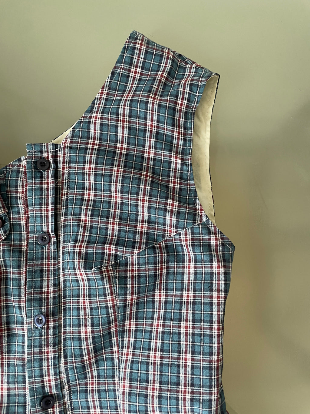 reworked one shoulder check button up tank with removable collar strap
