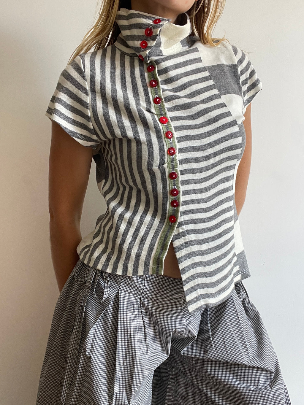 handmade contrast stripe red button up short sleeve cardigan