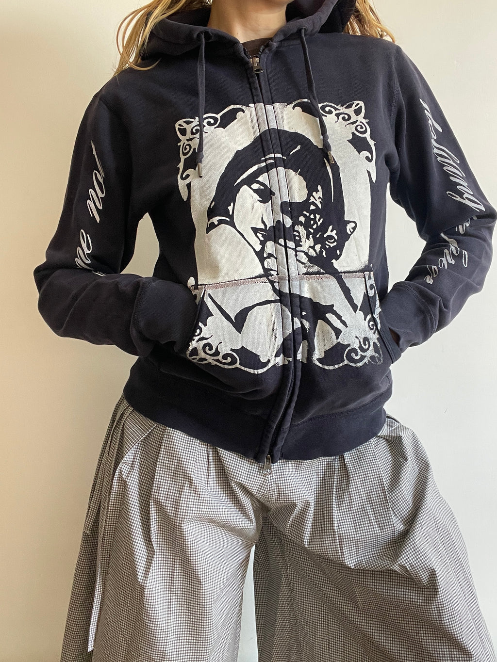 screen printed navy cat girl double zip slim fit hoodie