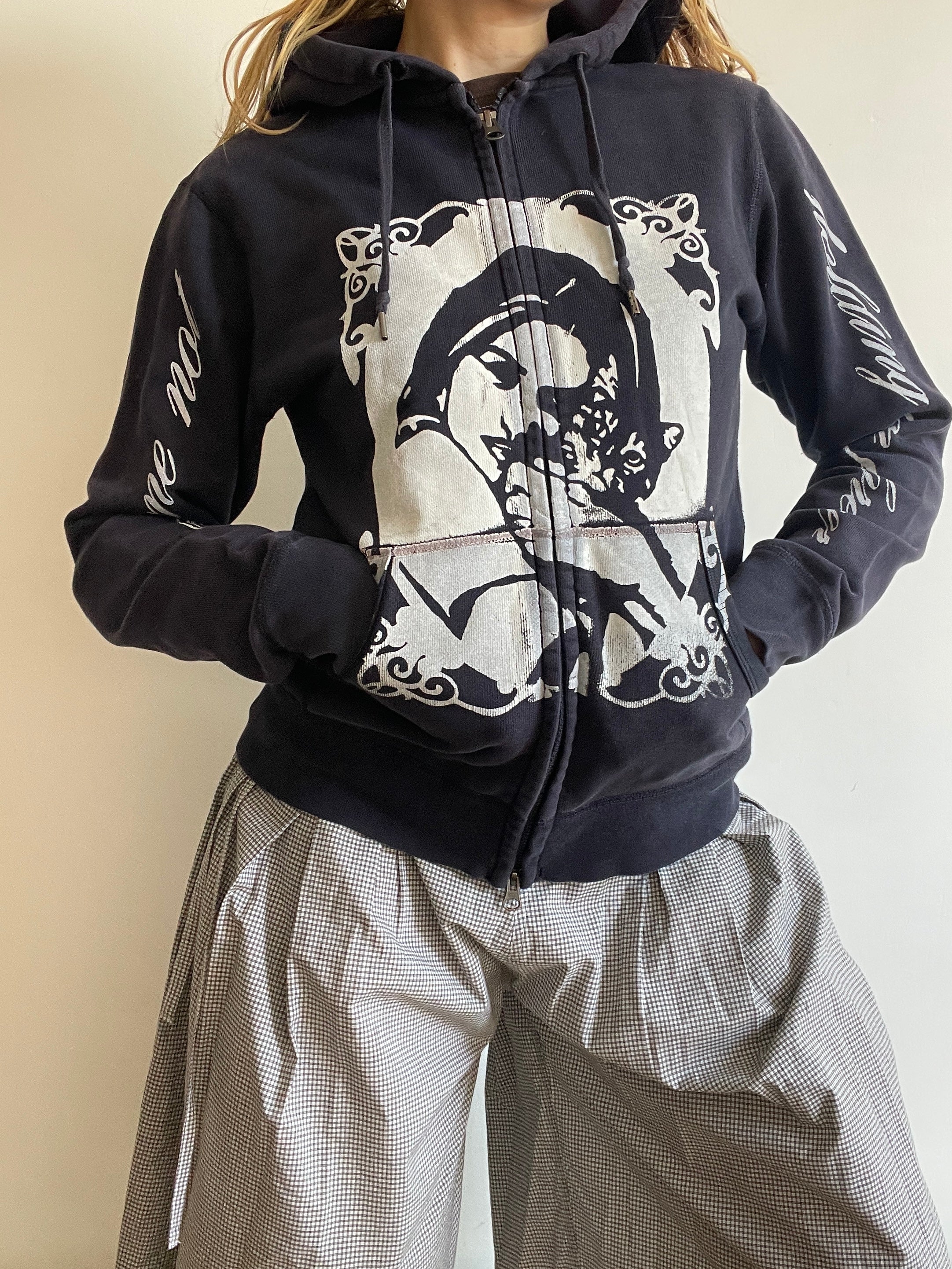 screen printed navy cat girl double zip slim fit hoodie