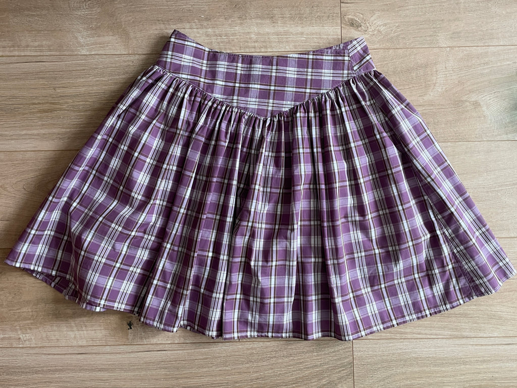 handmade metal popper button purple plaid gathered skirt