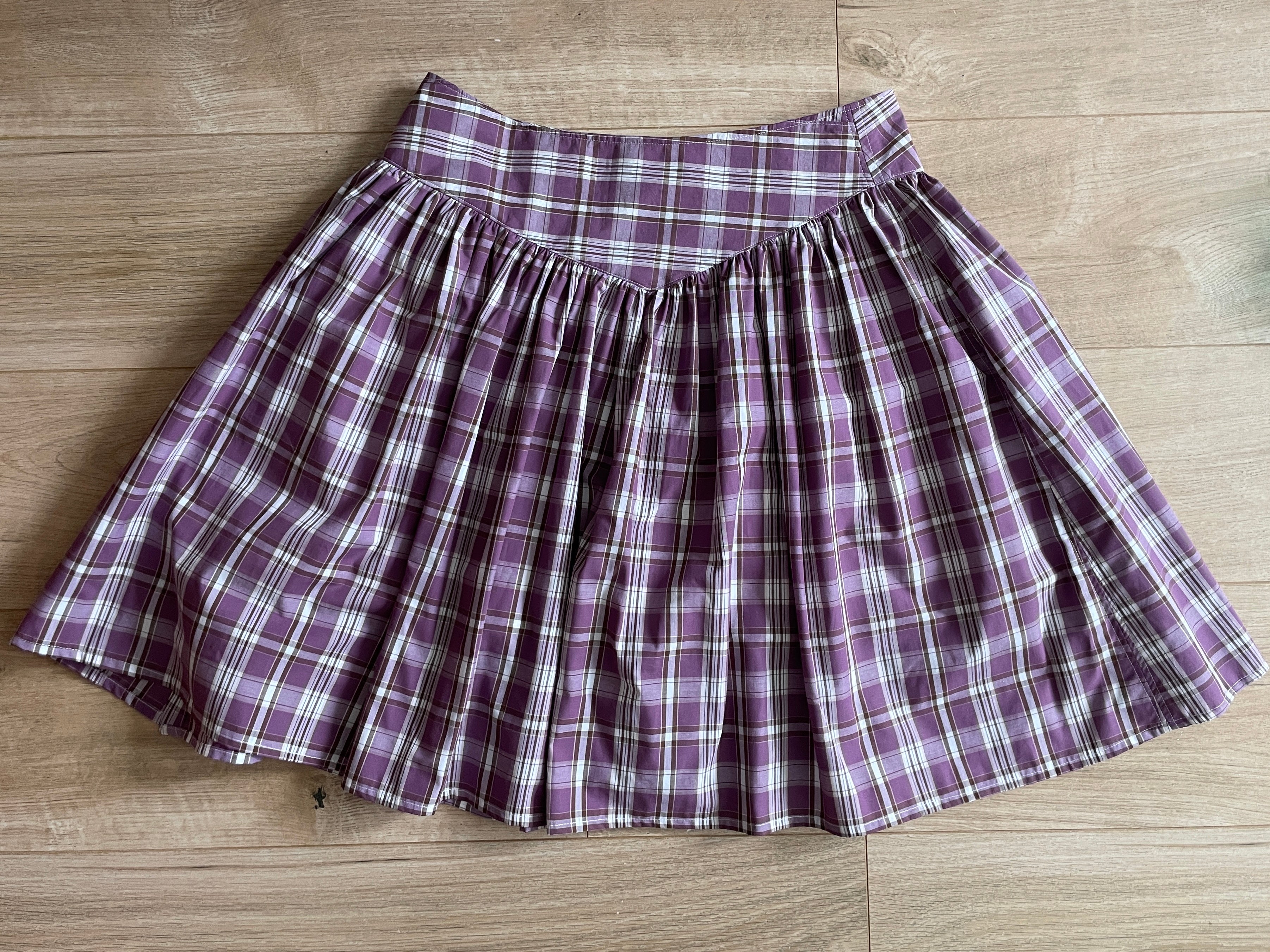 handmade metal popper button purple plaid gathered skirt