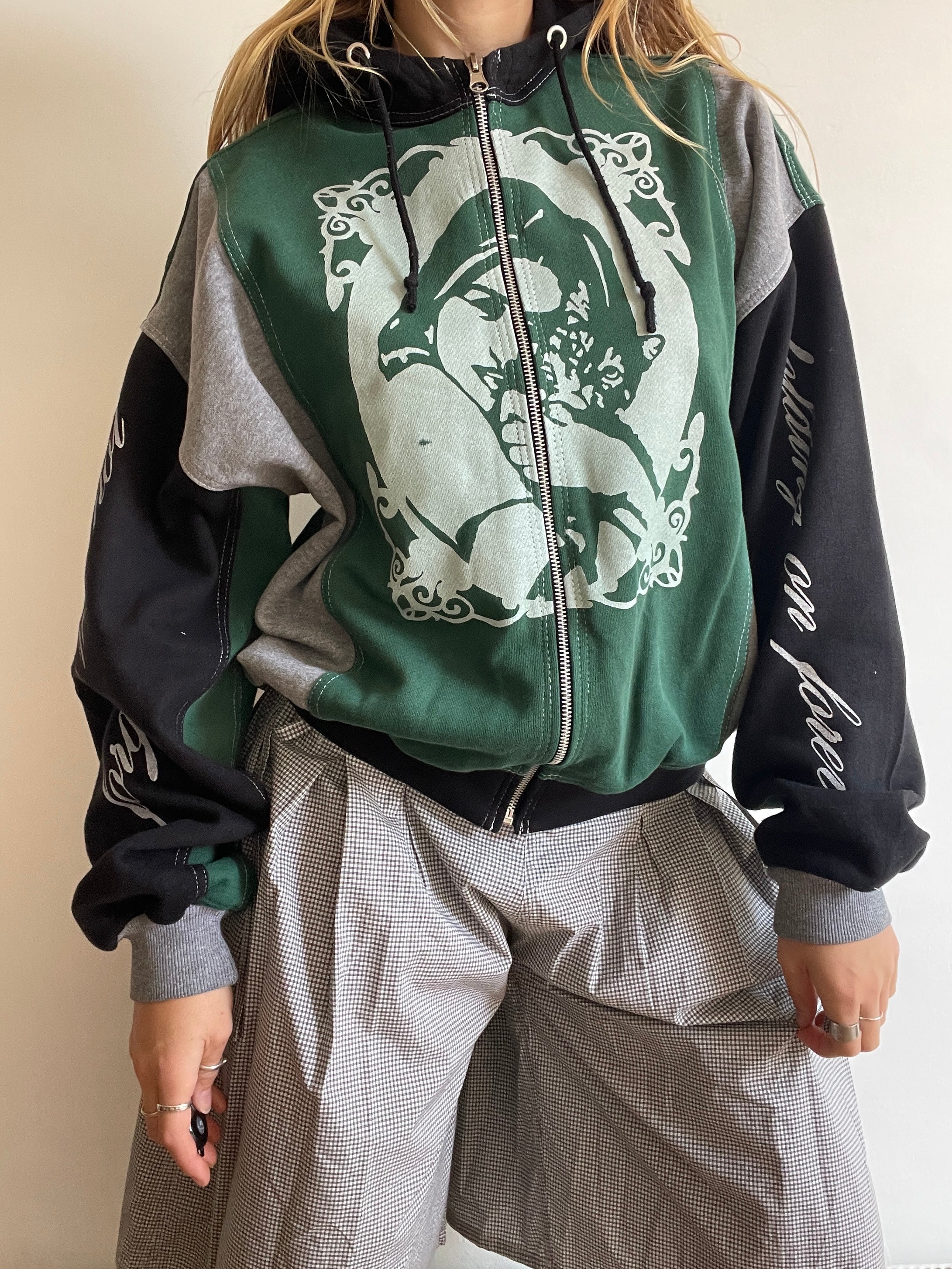 screen printed panelled cat girl zip up hoodie