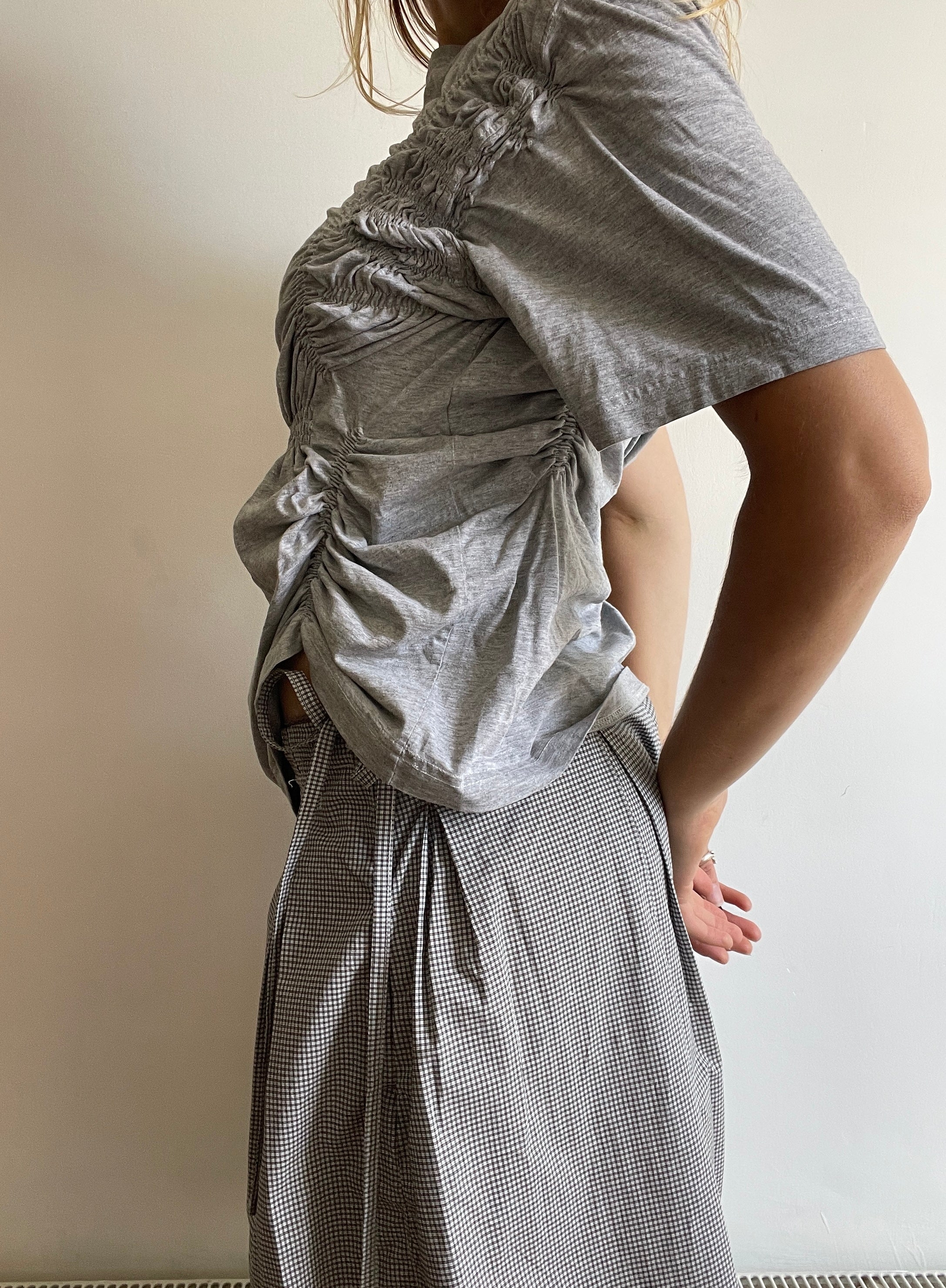 reworked grey tee with ruched slinky gathered details