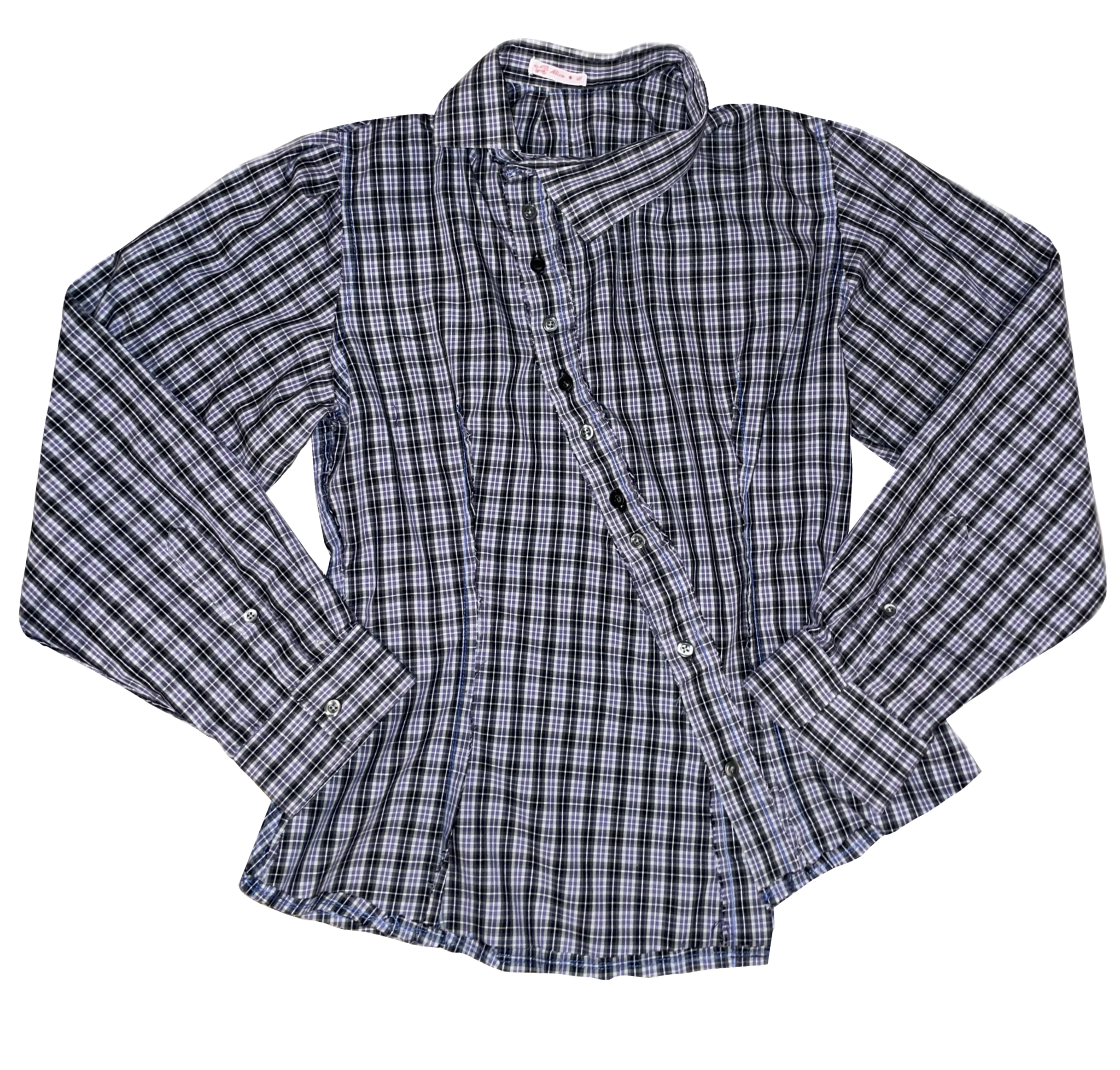 lilac reworked asymetrical checkered button up long sleeve shirt
