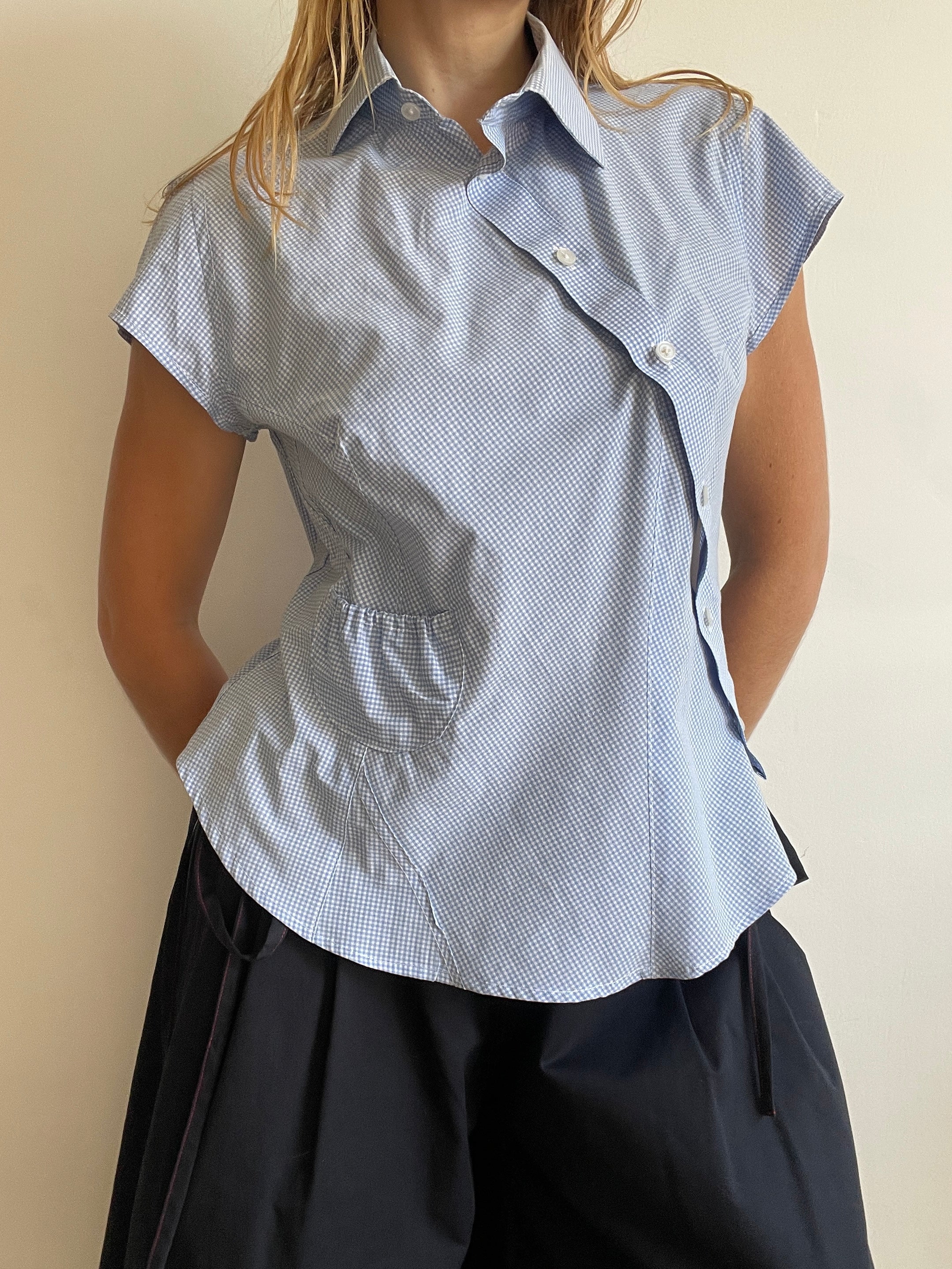 reworked asymetrical baby blue gingham pocket collar shirt