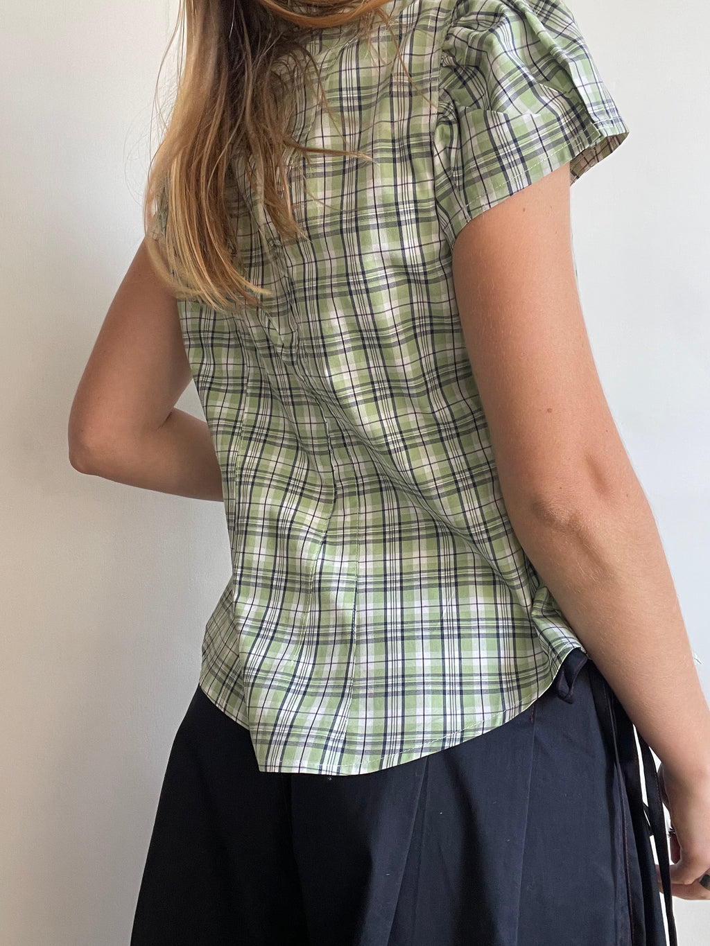reworked green beige check puffed sleeve fitted blouse