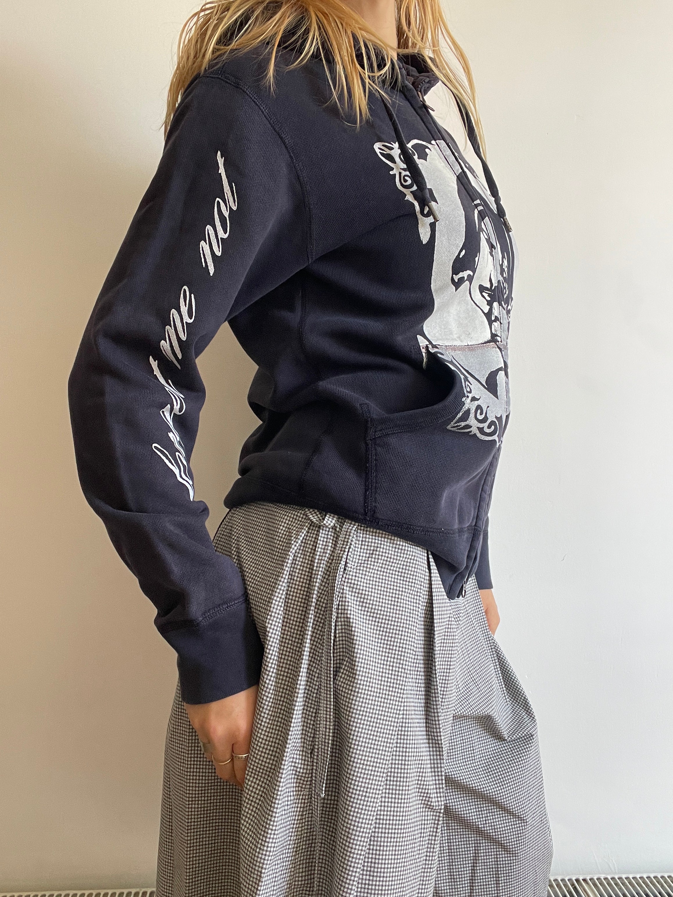 screen printed navy cat girl double zip slim fit hoodie