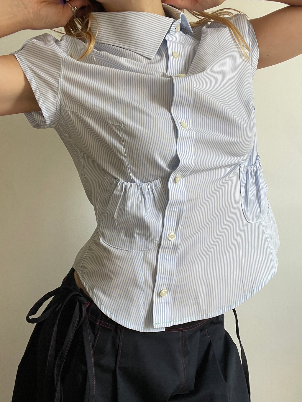 reworked asymetrical baby blue pinstripe pocket collar shirt