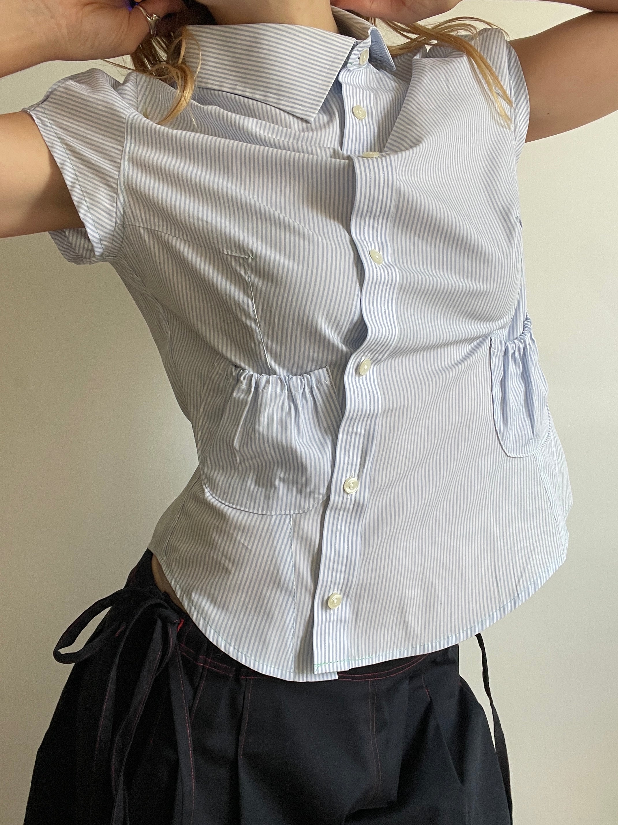 reworked asymetrical baby blue pinstripe pocket collar shirt