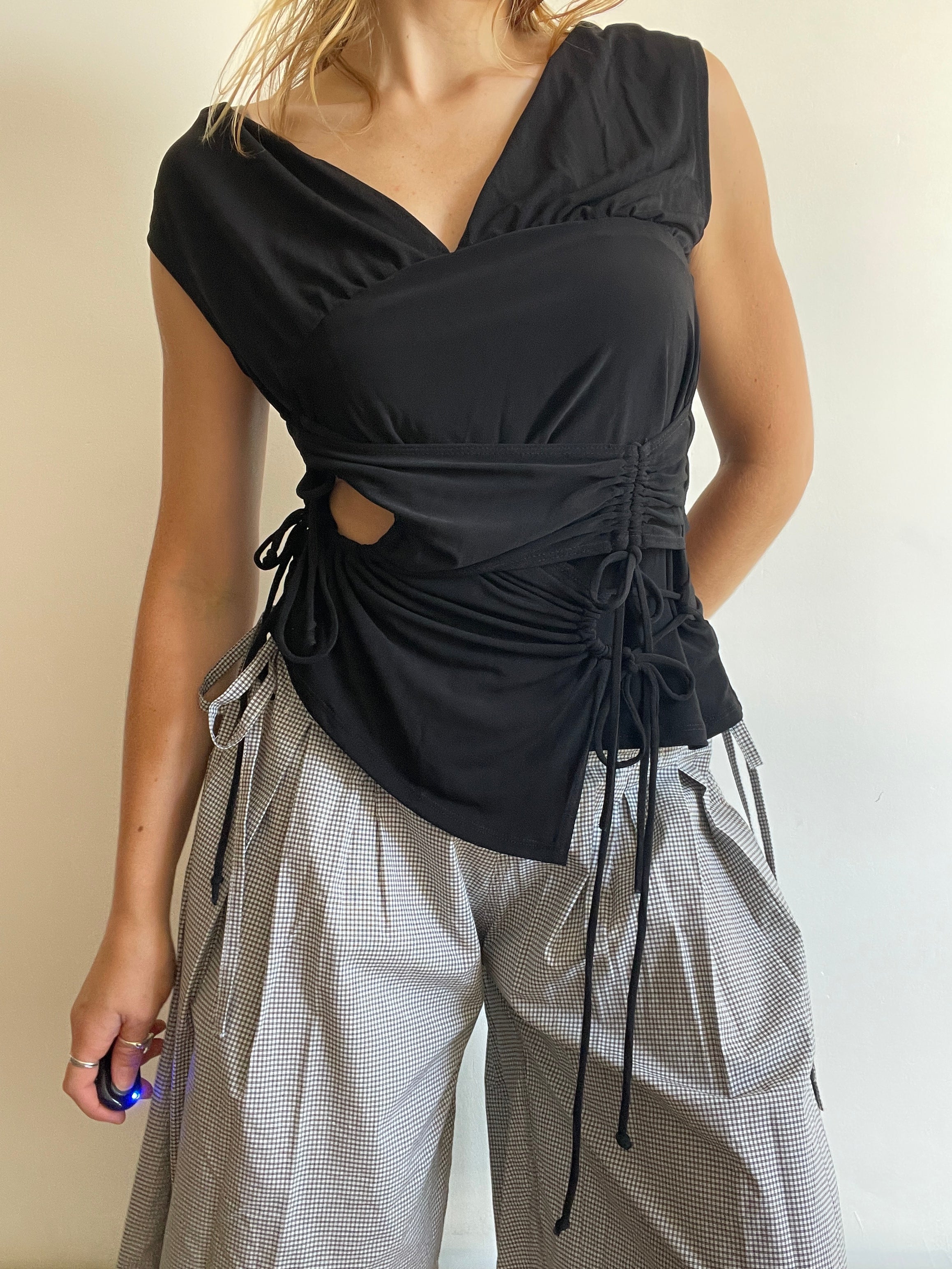 handmade slinky black ruched panel tie top