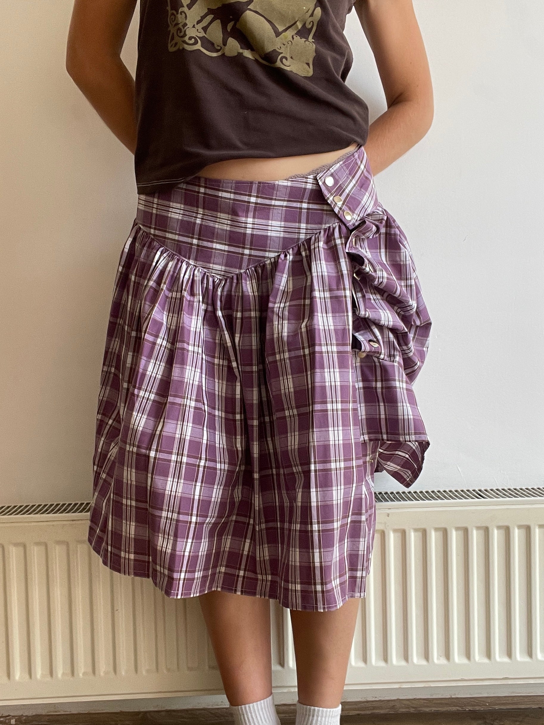 handmade metal popper button purple plaid gathered skirt