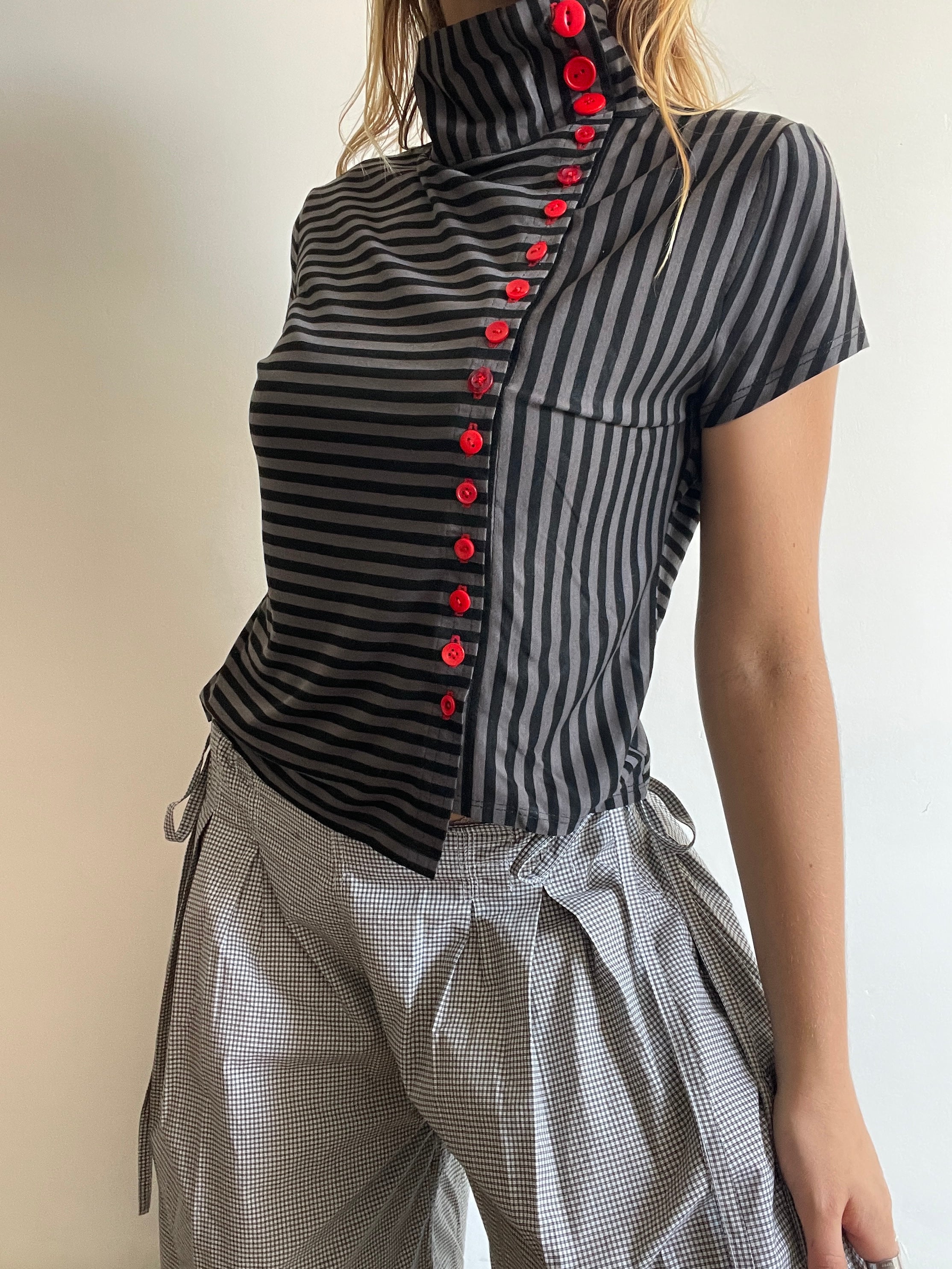 handmade grey stripe button up asymmetrical t shirt