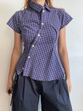 reworked blue grid check fitted blouse