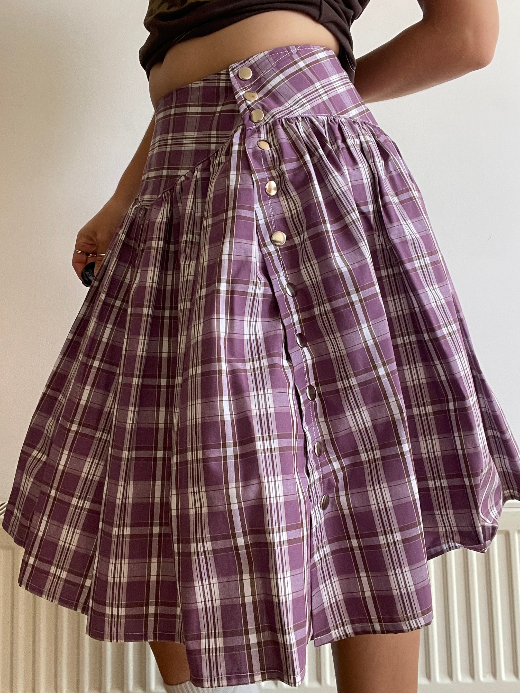 handmade metal popper button purple plaid gathered skirt