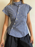 reworked blue yellow tartan asymetrical fitted shirt
