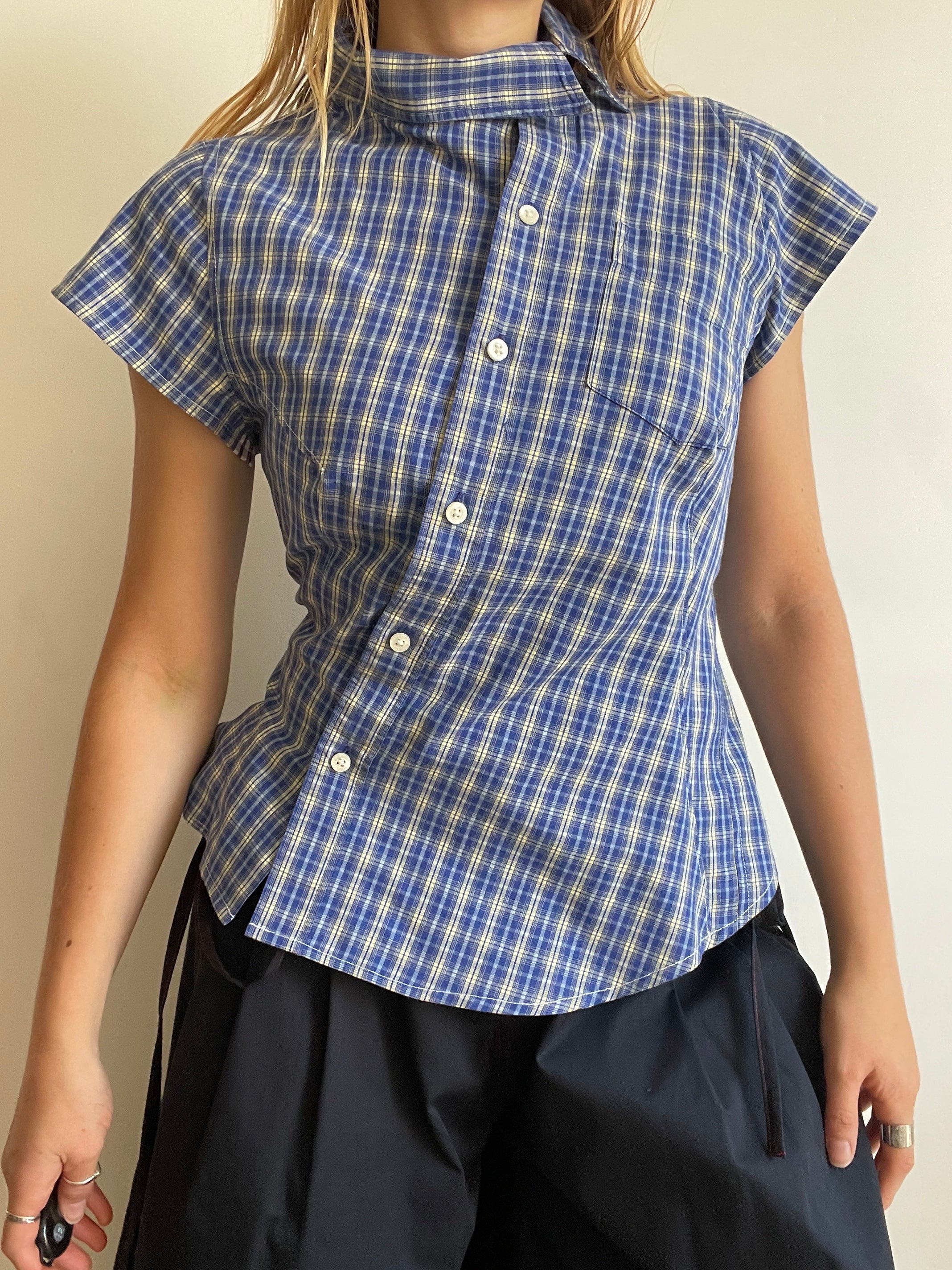 reworked blue yellow tartan asymetrical fitted shirt