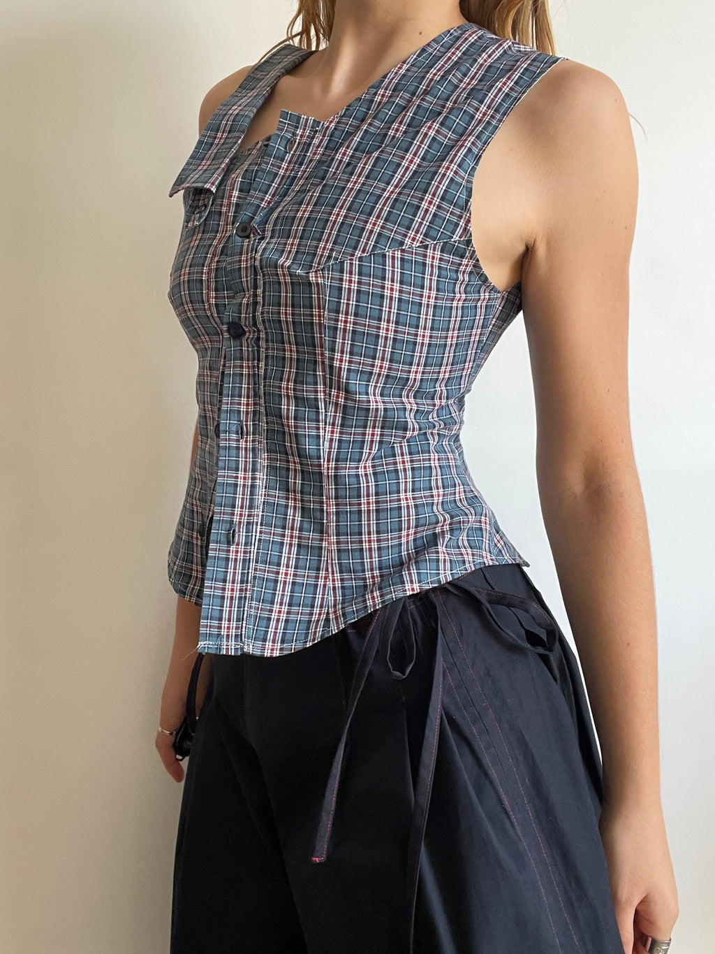 reworked one shoulder check button up tank with removable collar strap