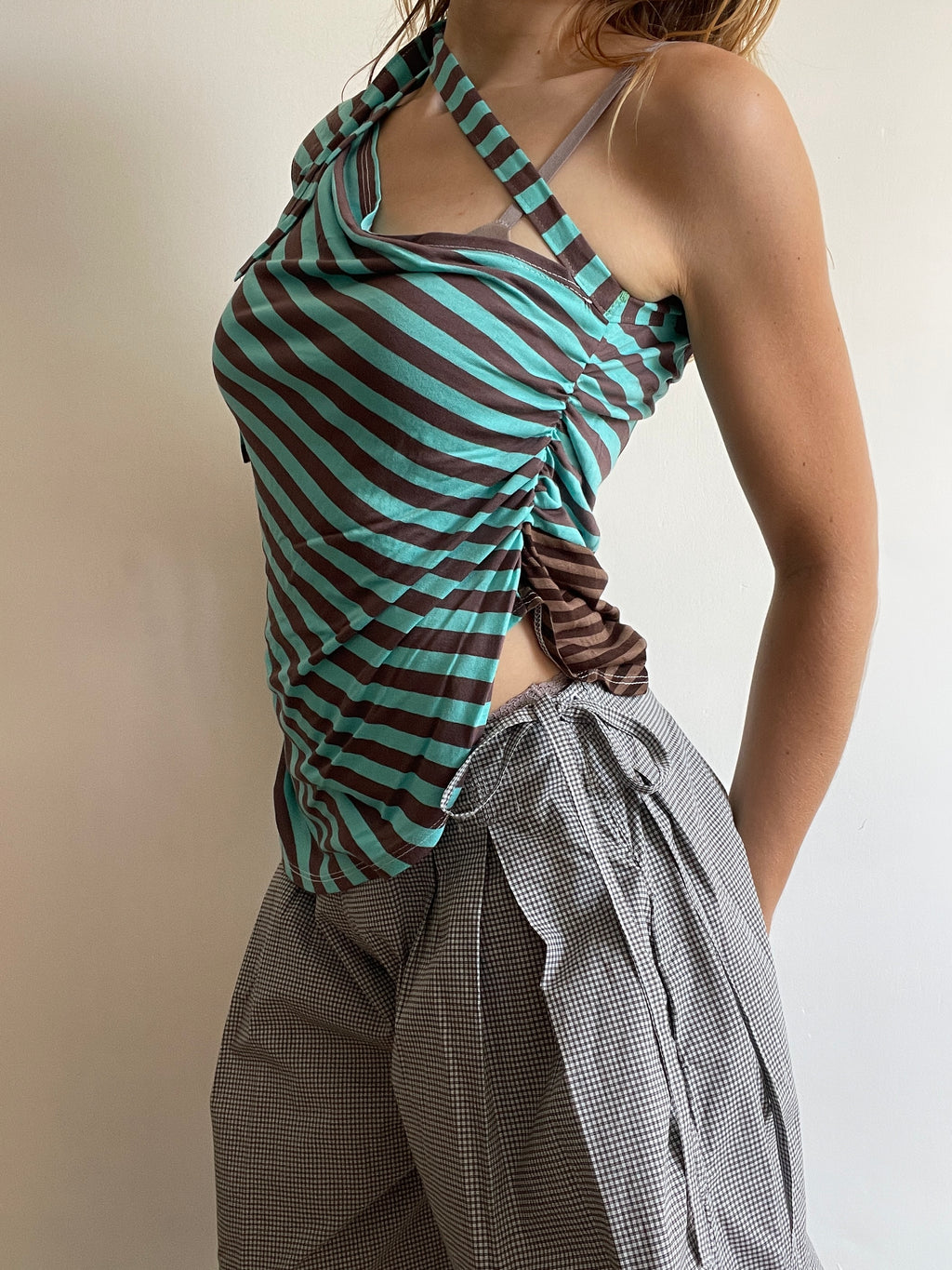 handmade mint brown stripe one shoulder tie top