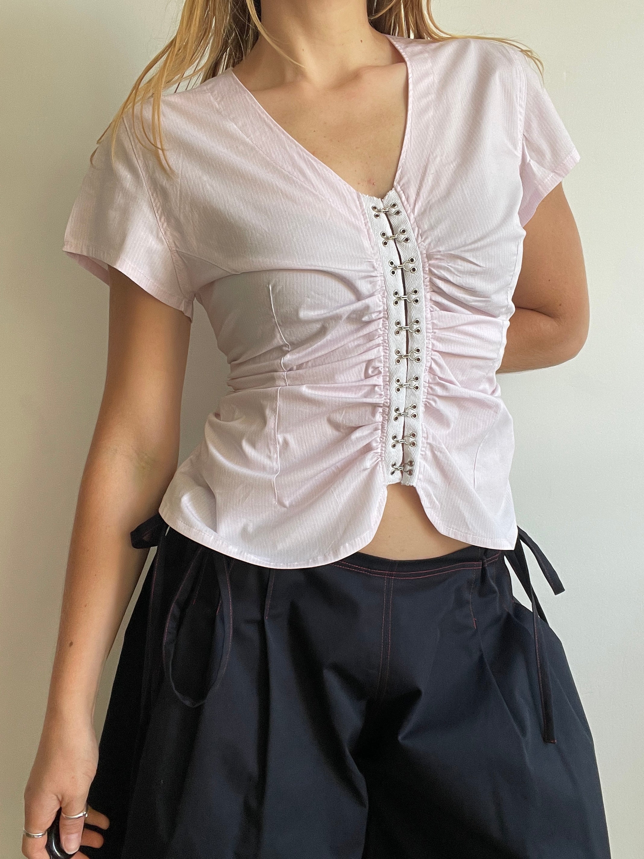 handmade ruched hook and eye pink pinstripe blouse