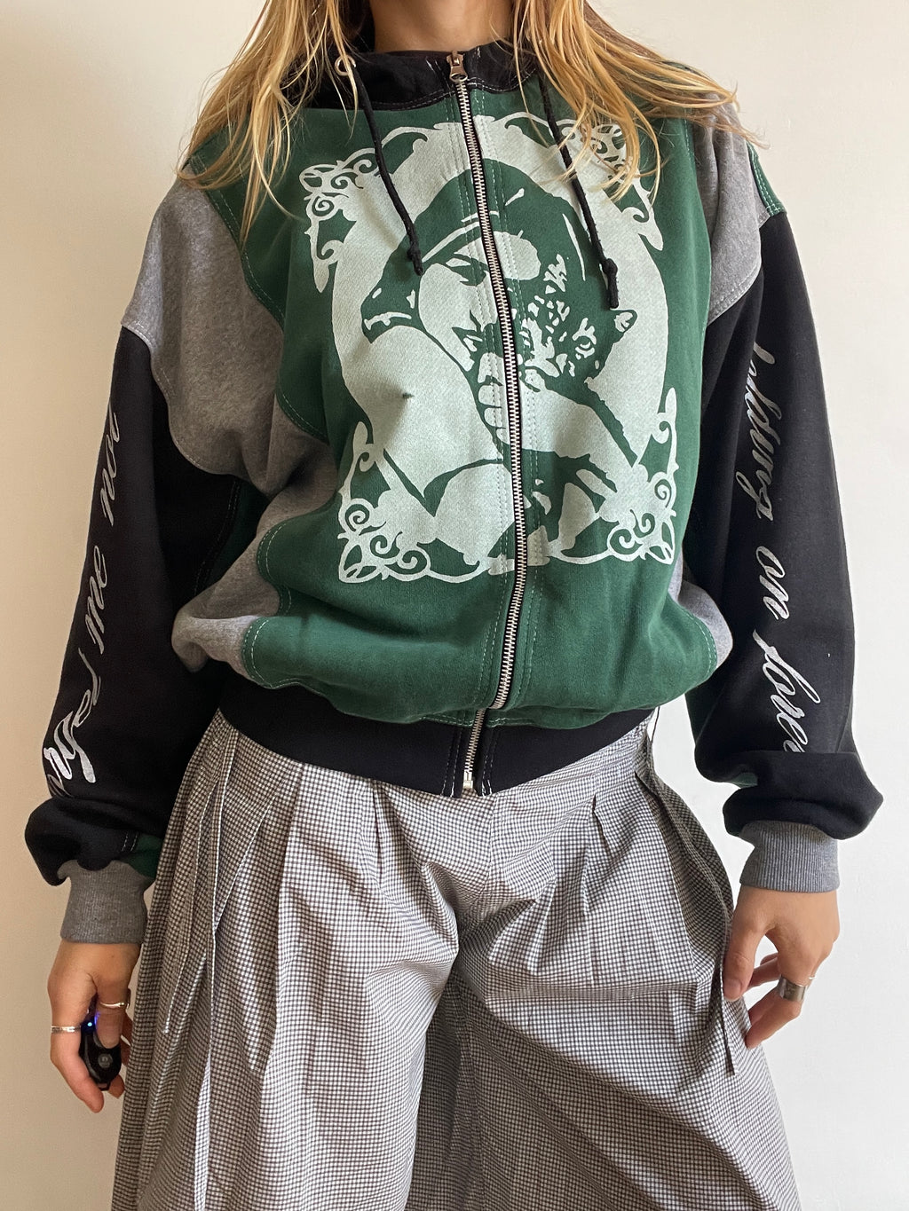 screen printed panelled cat girl zip up hoodie