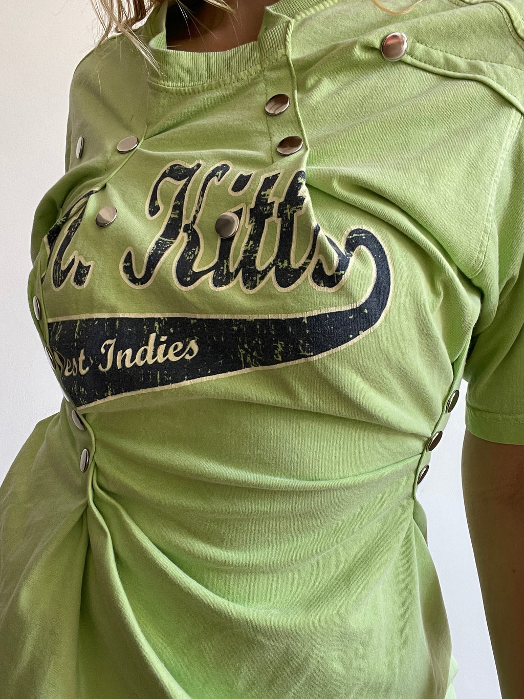 reworked gathered graphic tee with stud details