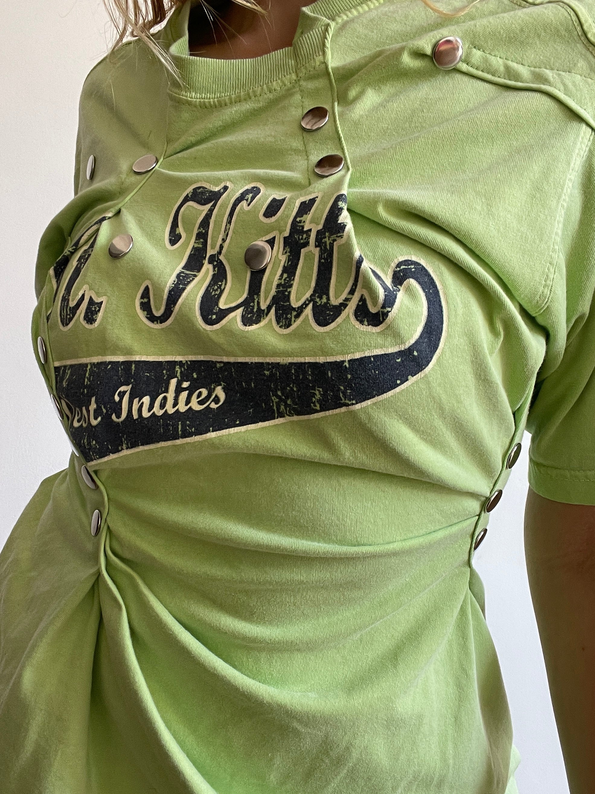 reworked gathered graphic tee with stud details