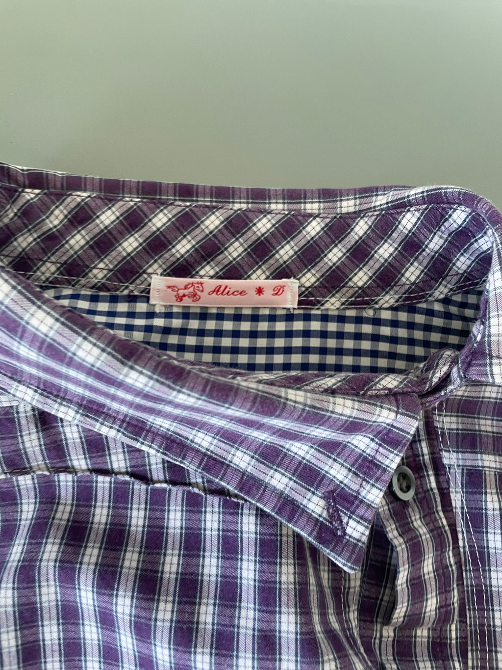 reworked asymetrical purple check shirt