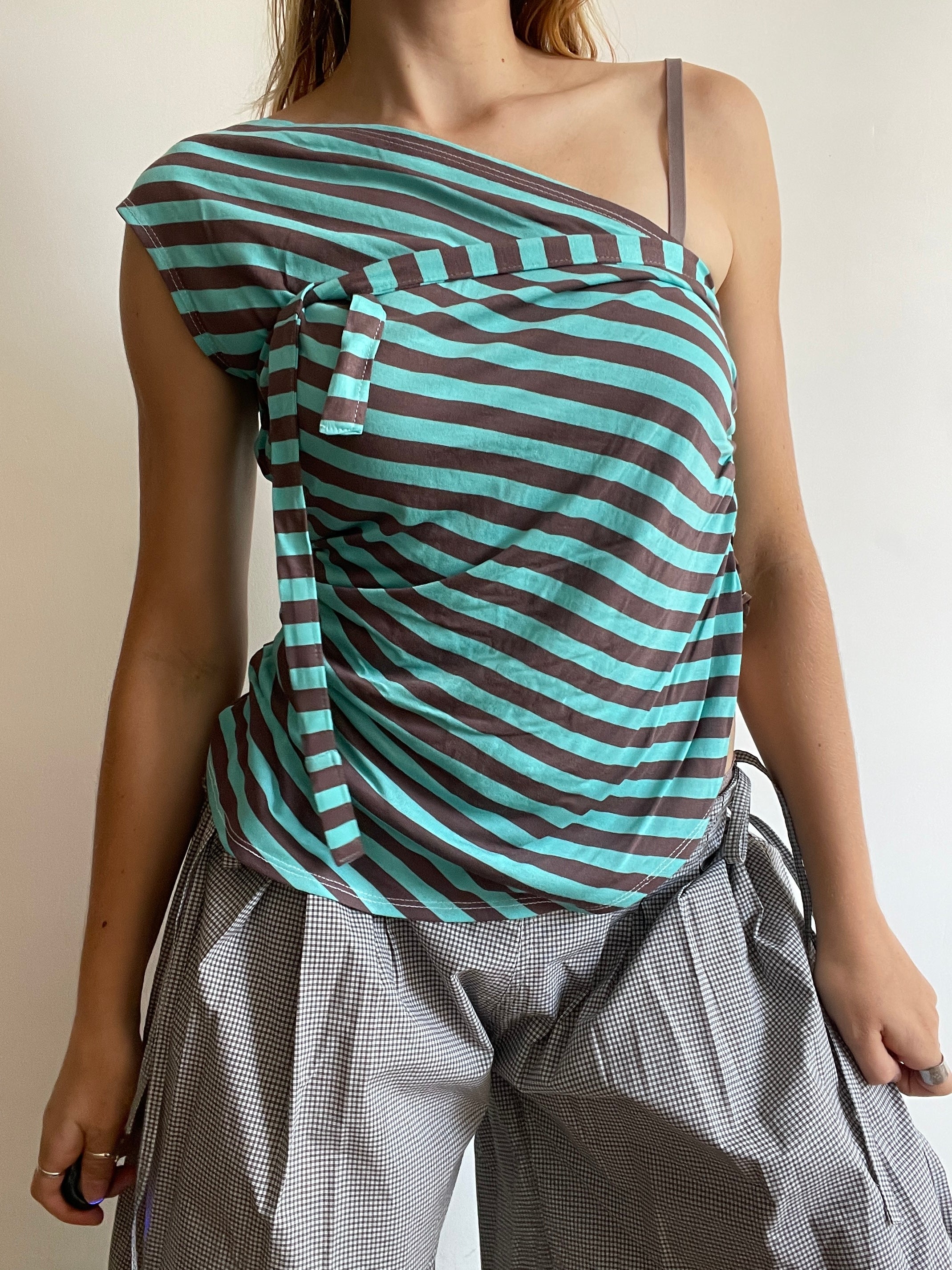 handmade mint brown stripe one shoulder tie top