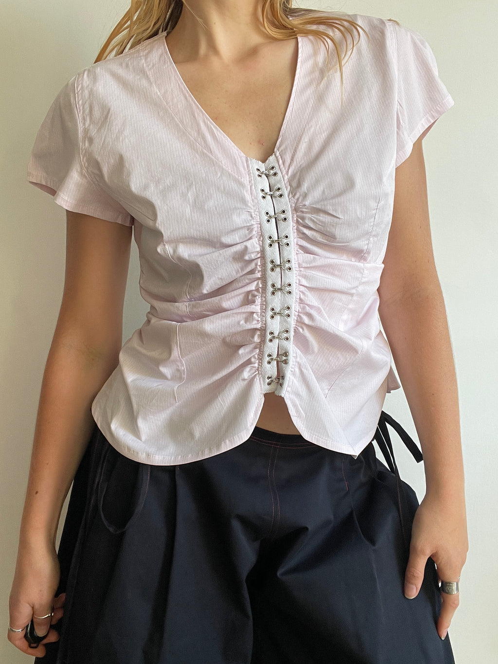 handmade ruched hook and eye pink pinstripe blouse