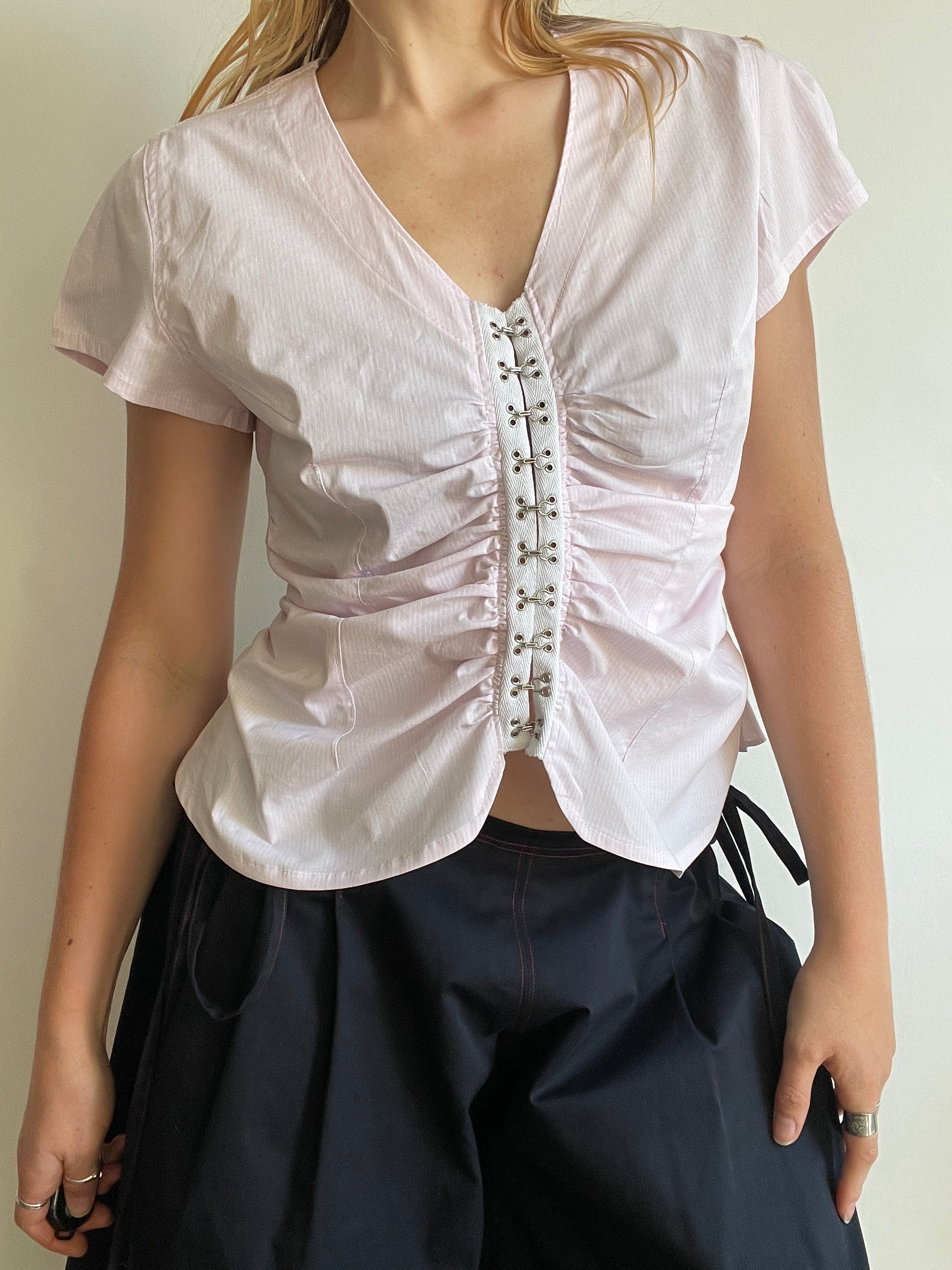 handmade ruched hook and eye pink pinstripe blouse