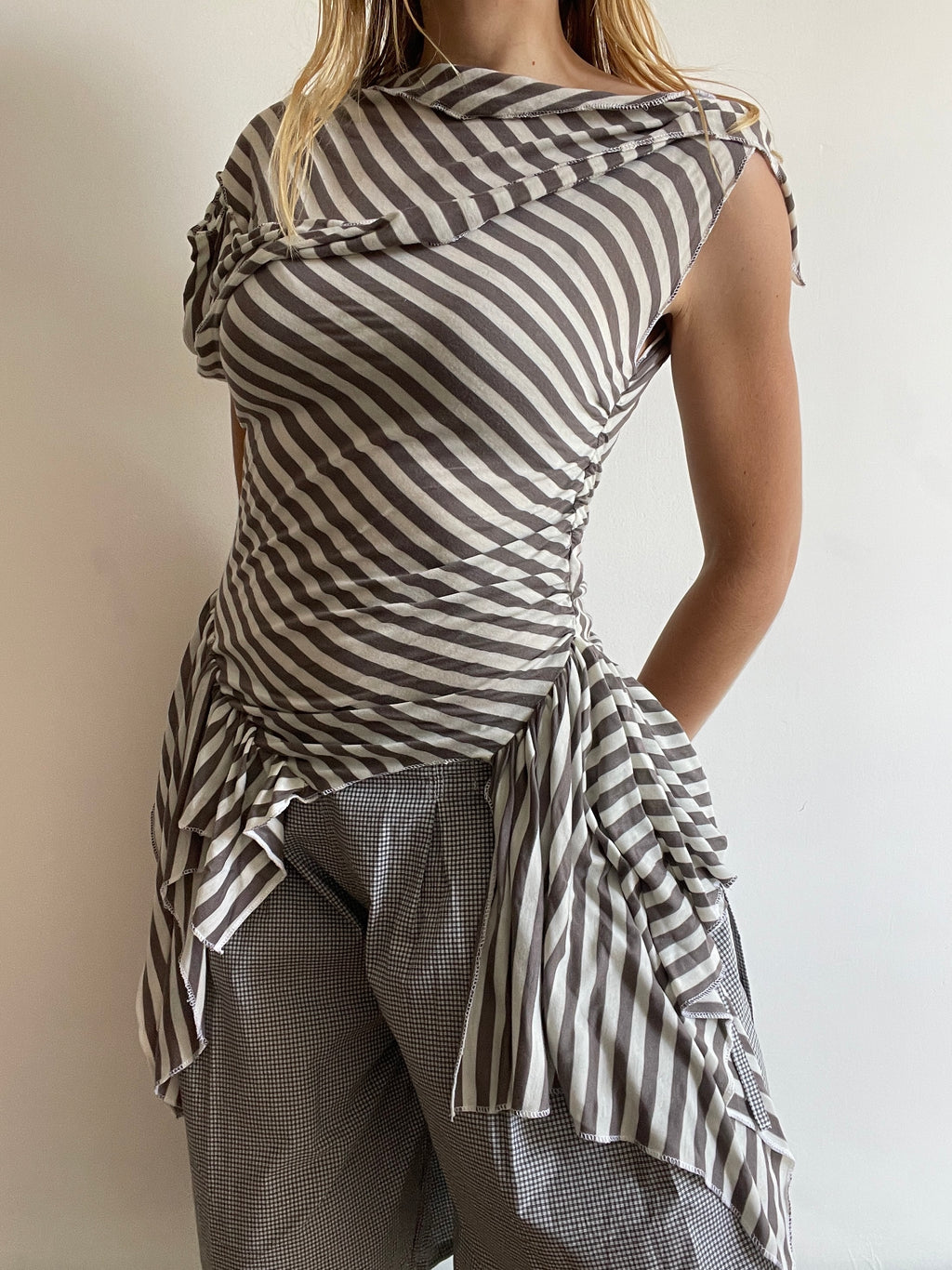 handmade asymmetrical pixie striped off the shoulder long fitted tunic top