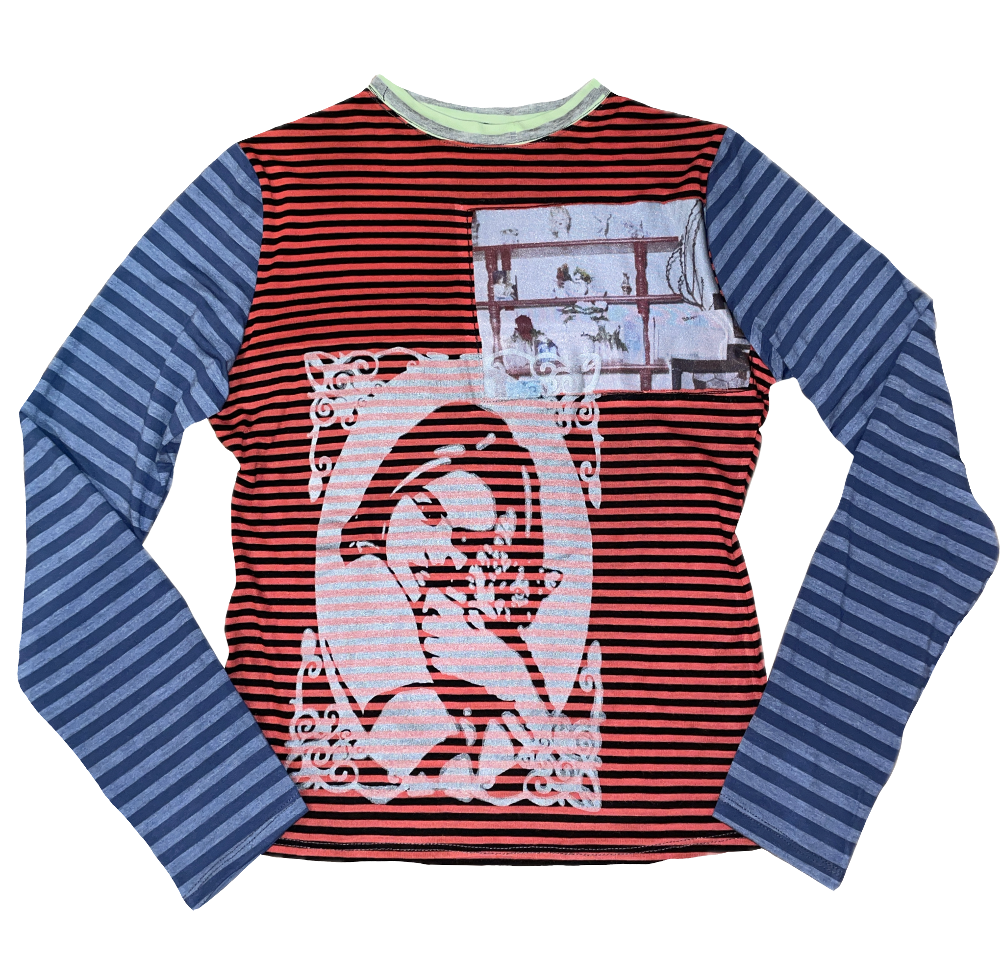 handmade contrast stripe long sleeve top with screen print
