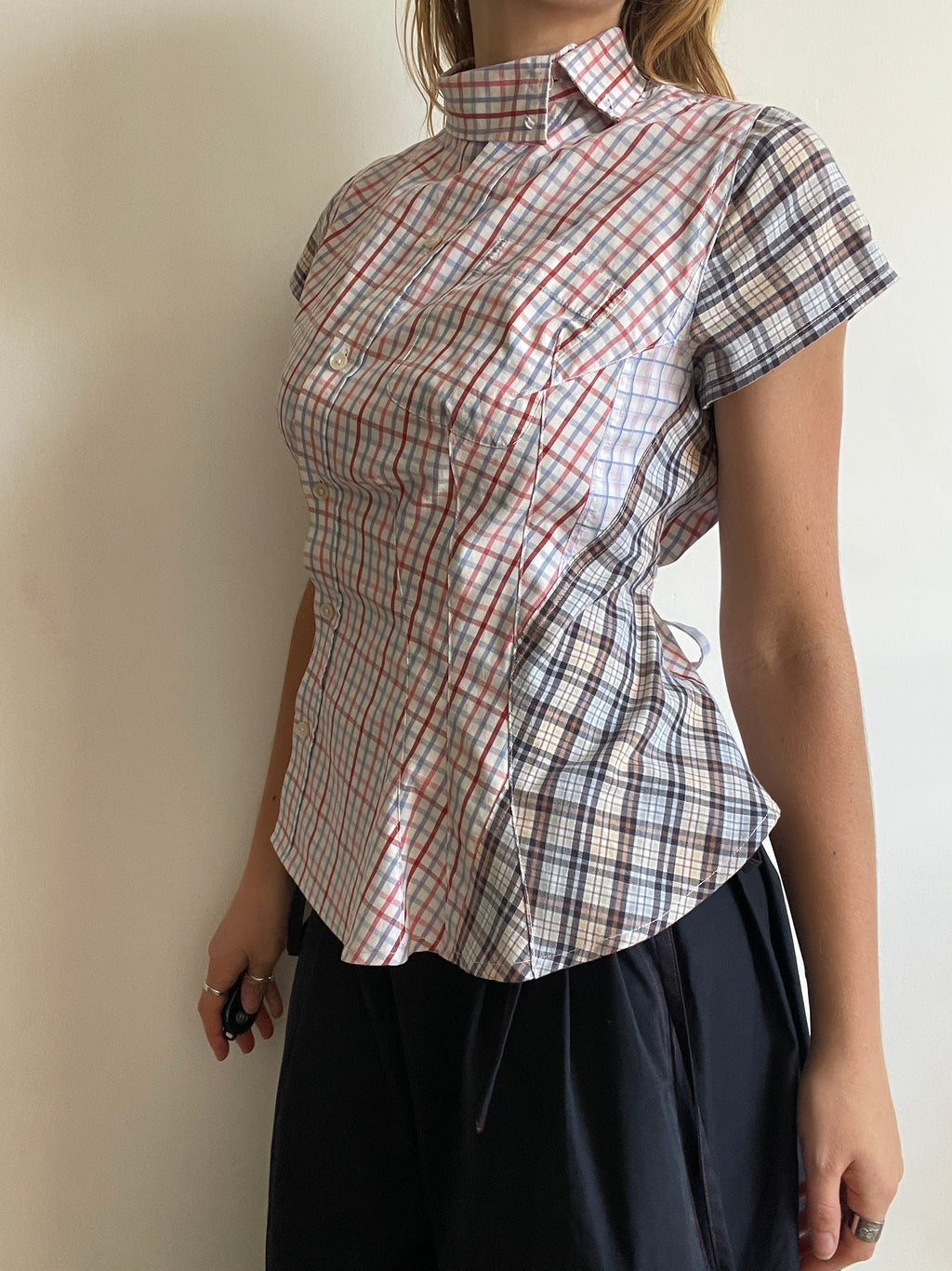 reworked patchwork check print fitted asymmetrical blouse