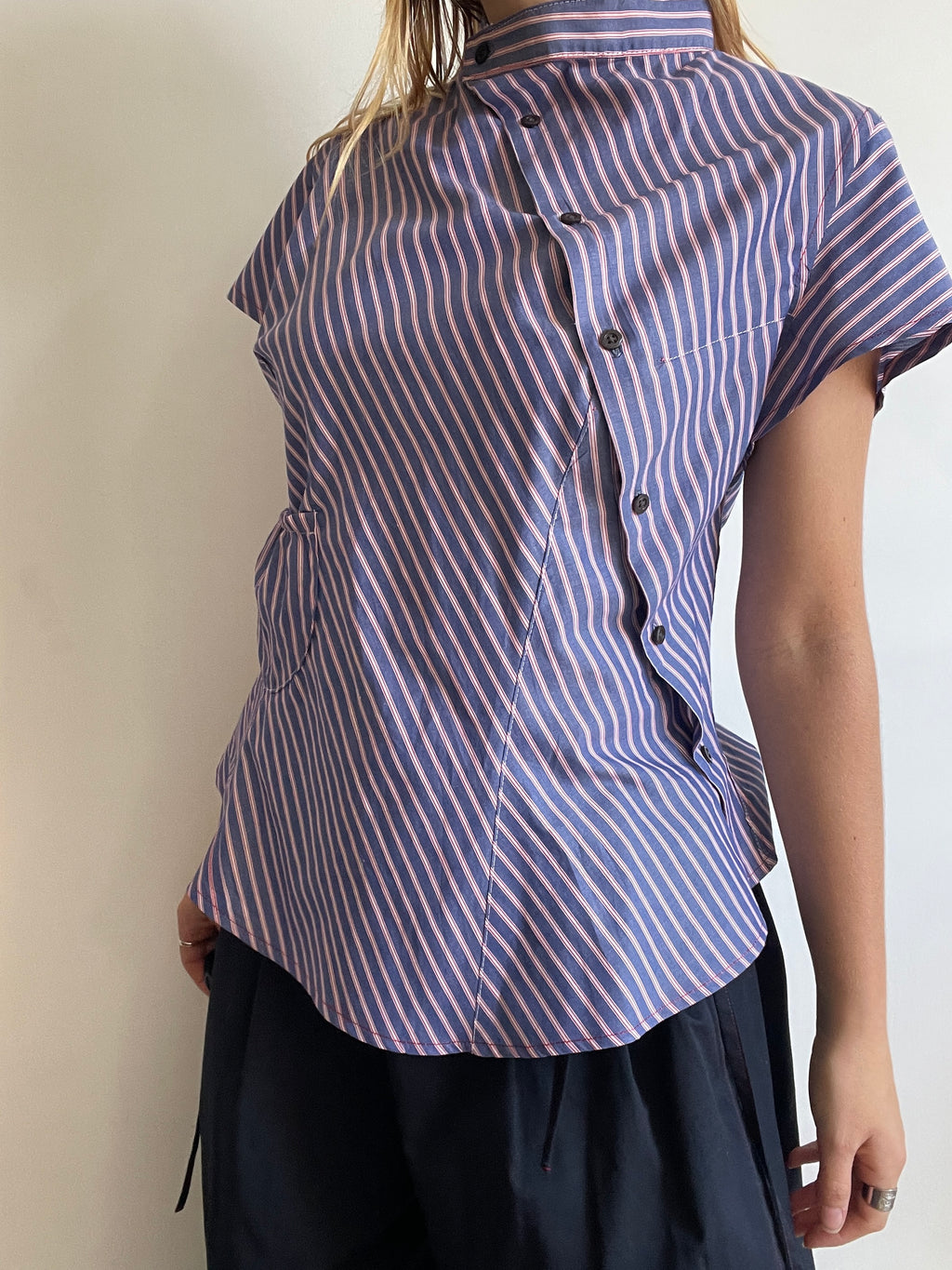 reworked striped pocket button up asymetrical shirt