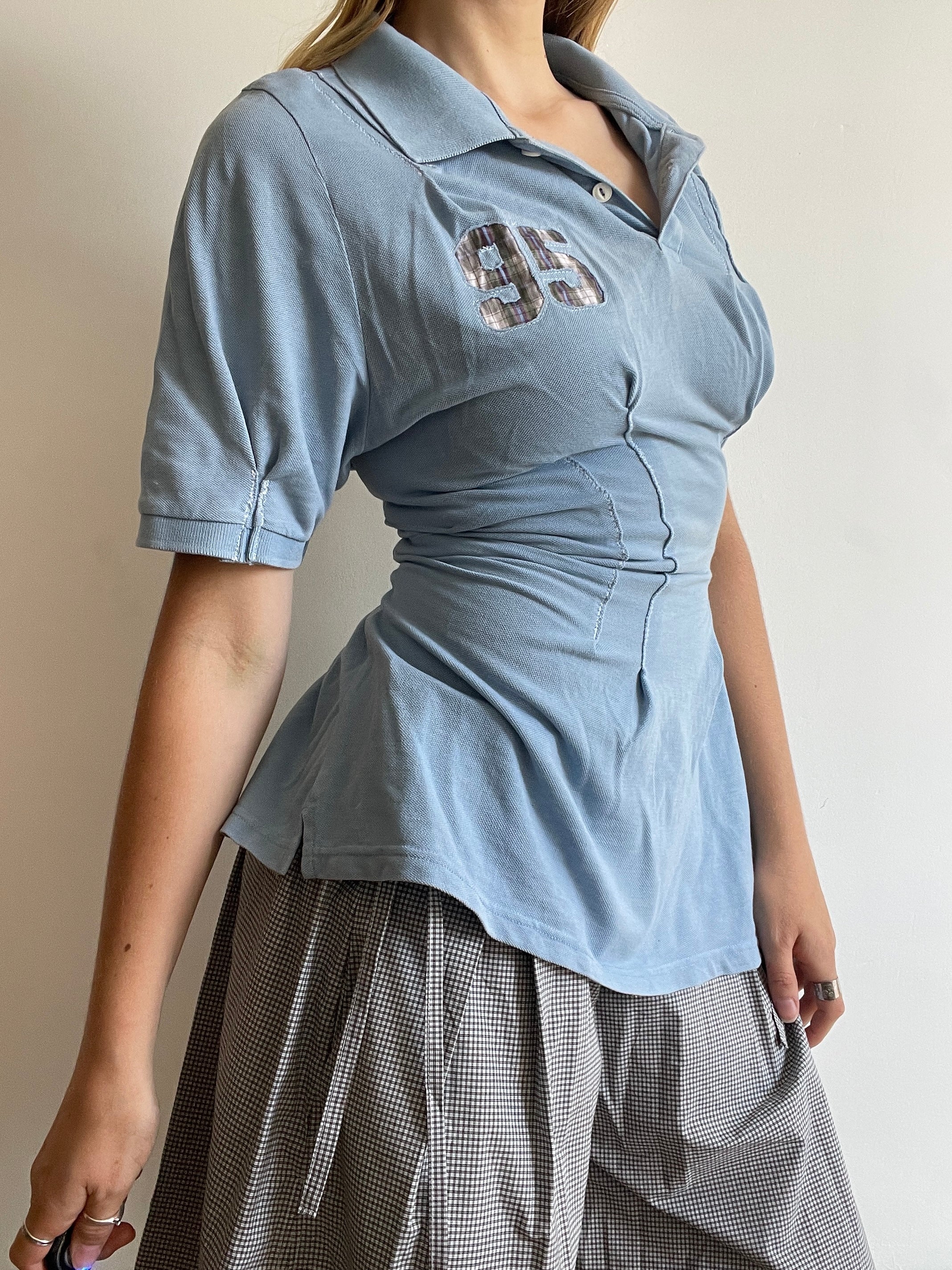 reworked baby blue sports number fitted polo shirt