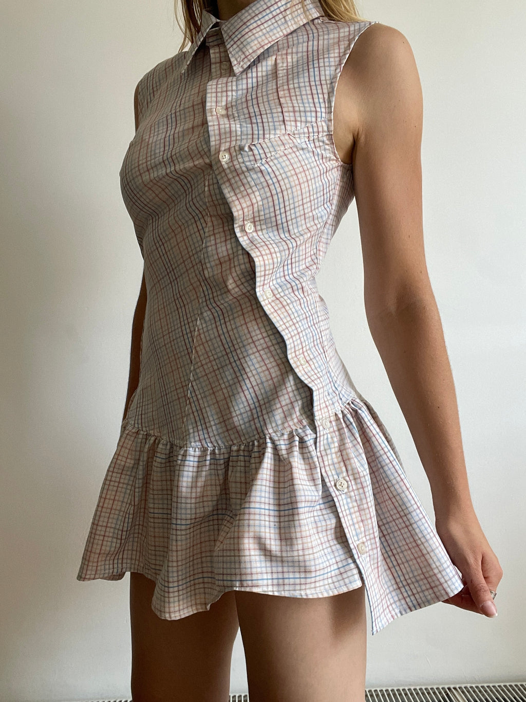 checkered asymmetrical drop waist gathered button up dress