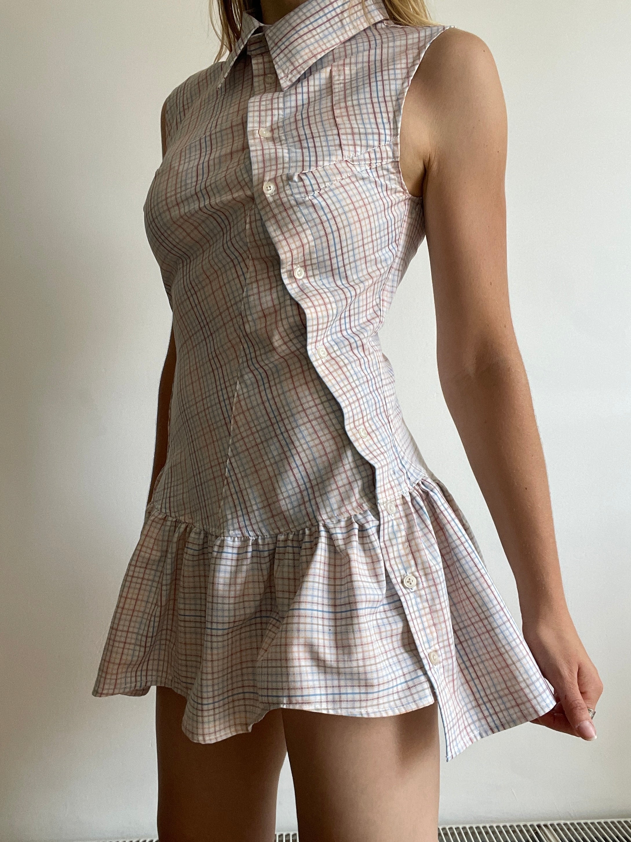 checkered asymmetrical drop waist gathered button up dress
