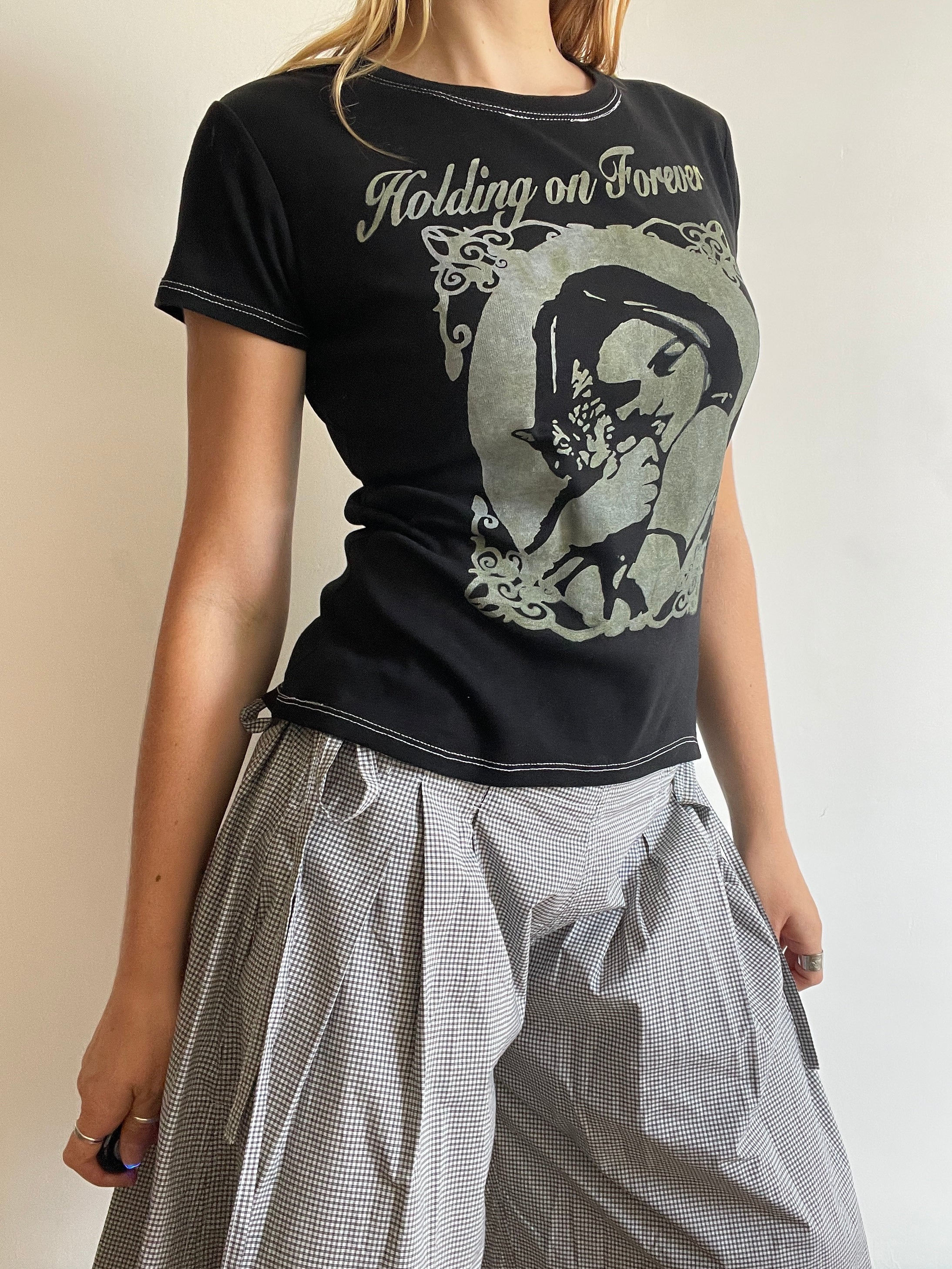 handmade holding on forever silver screenprint baby tee