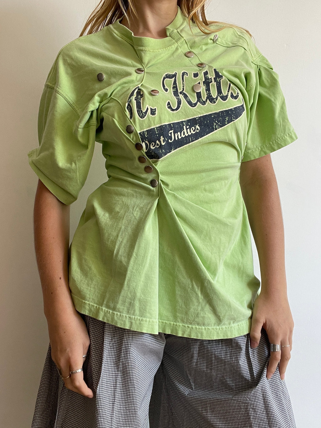 reworked gathered graphic tee with stud details