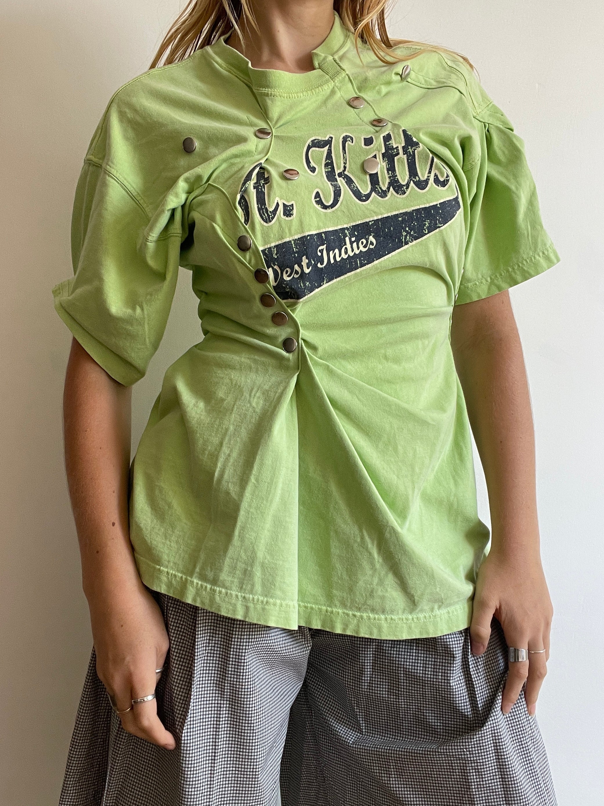 reworked gathered graphic tee with stud details