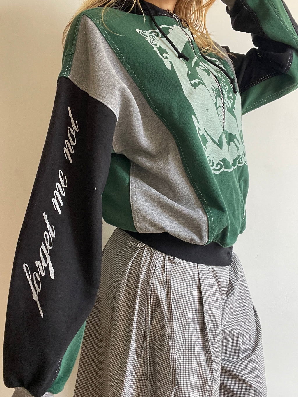 screen printed panelled cat girl zip up hoodie
