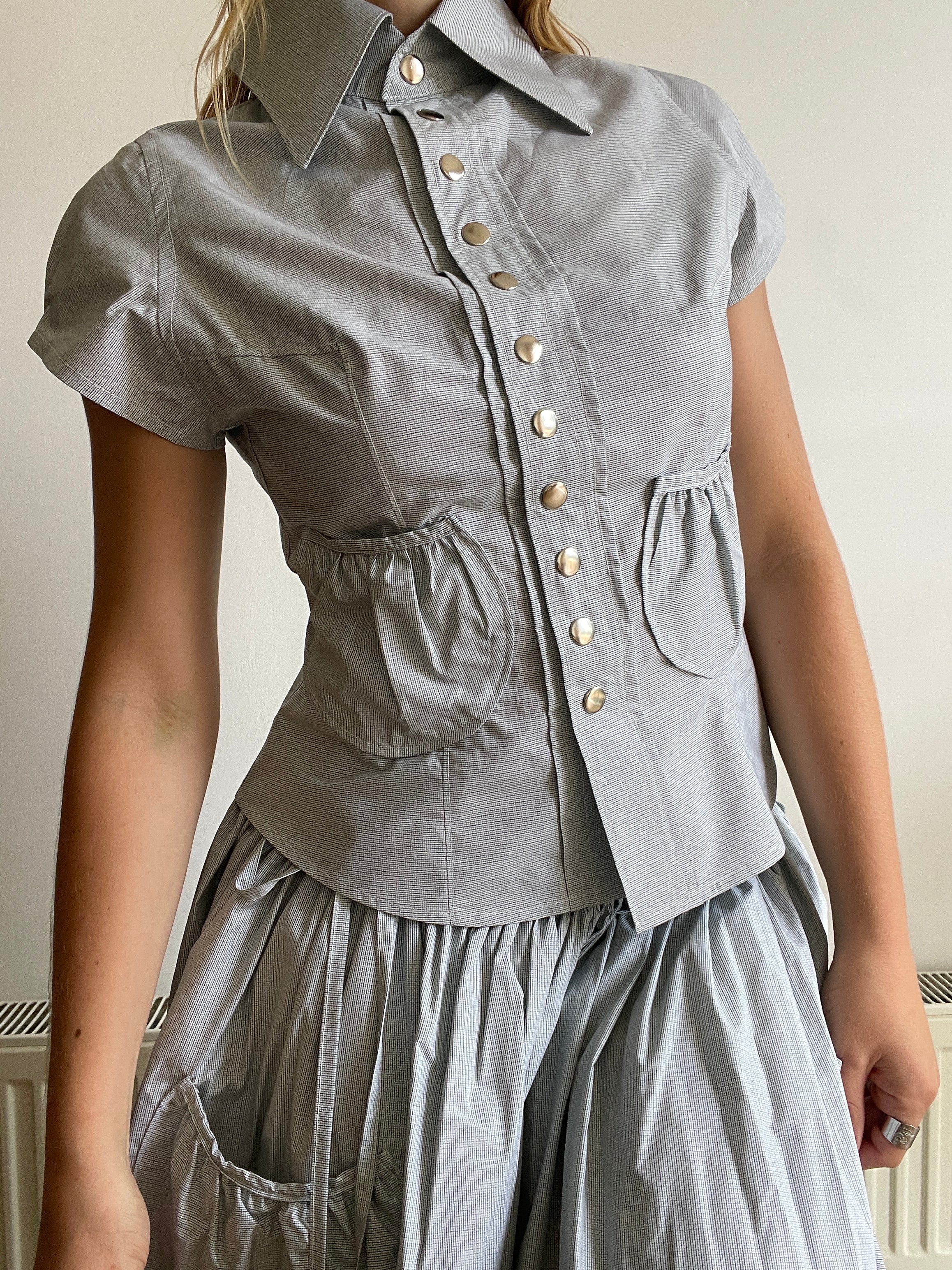handmade matching set swishy asymmetrical skirt and pocket blouse